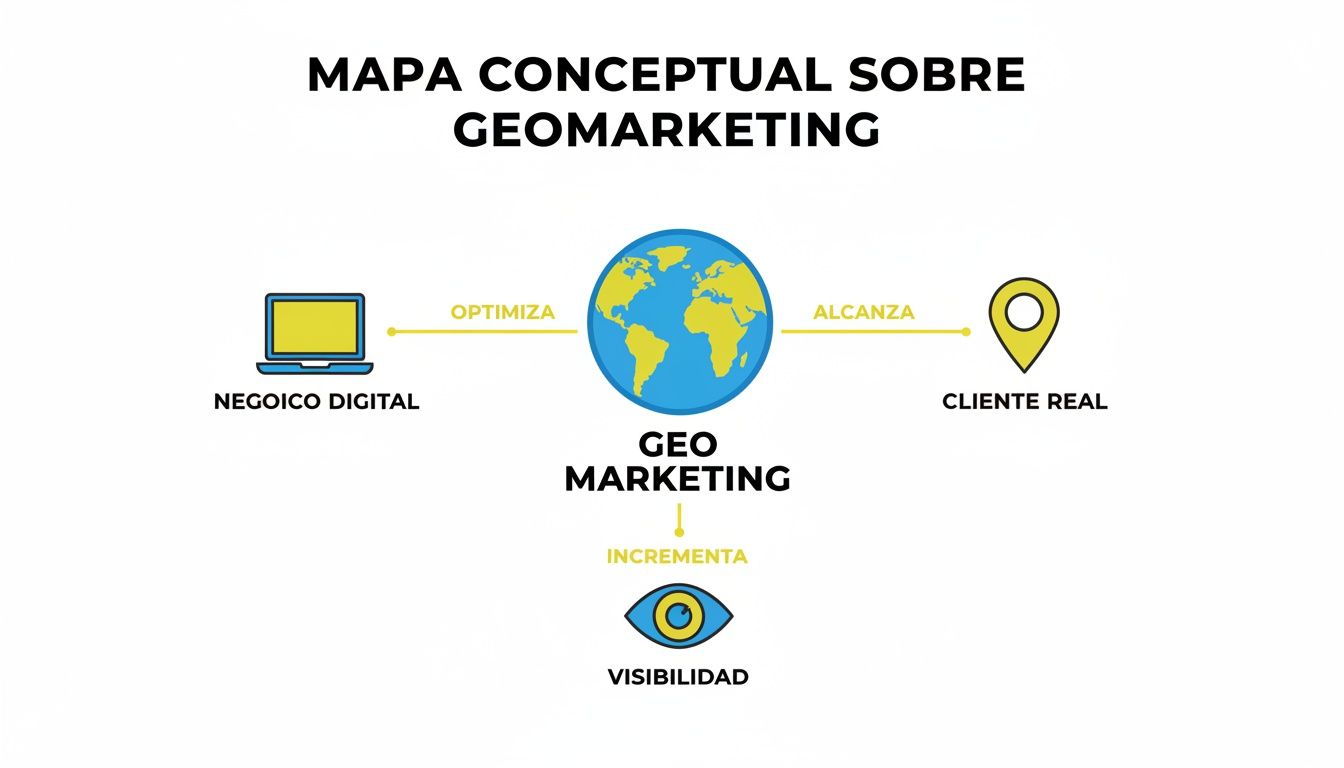 Mapa conceptual sobre Geomarketing que optimiza el negocio digital, alcanza al cliente real e incrementa la visibilidad.