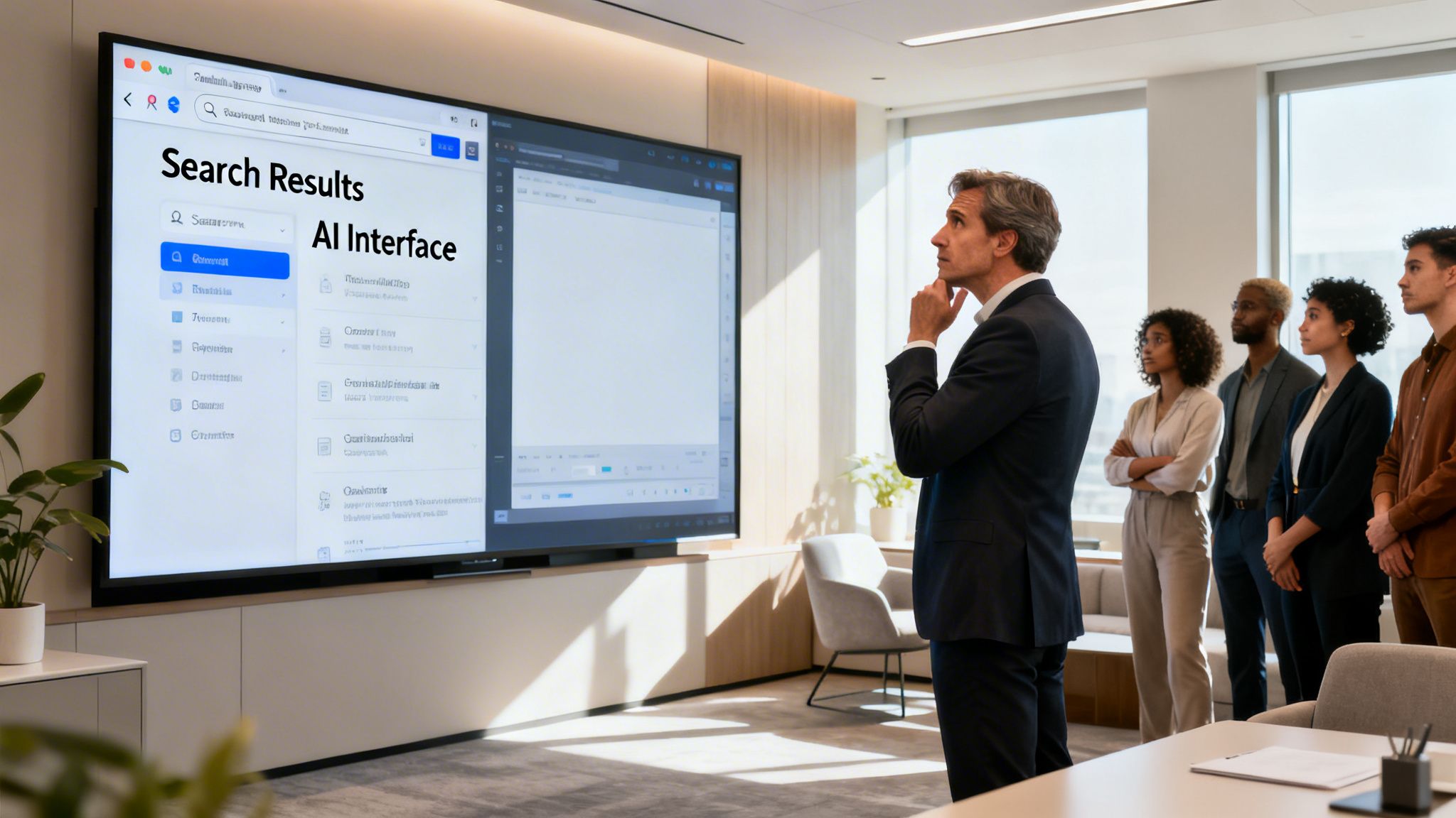 Un equipo profesional observa una pantalla grande que muestra resultados de búsqueda de una interfaz de inteligencia artificial.
