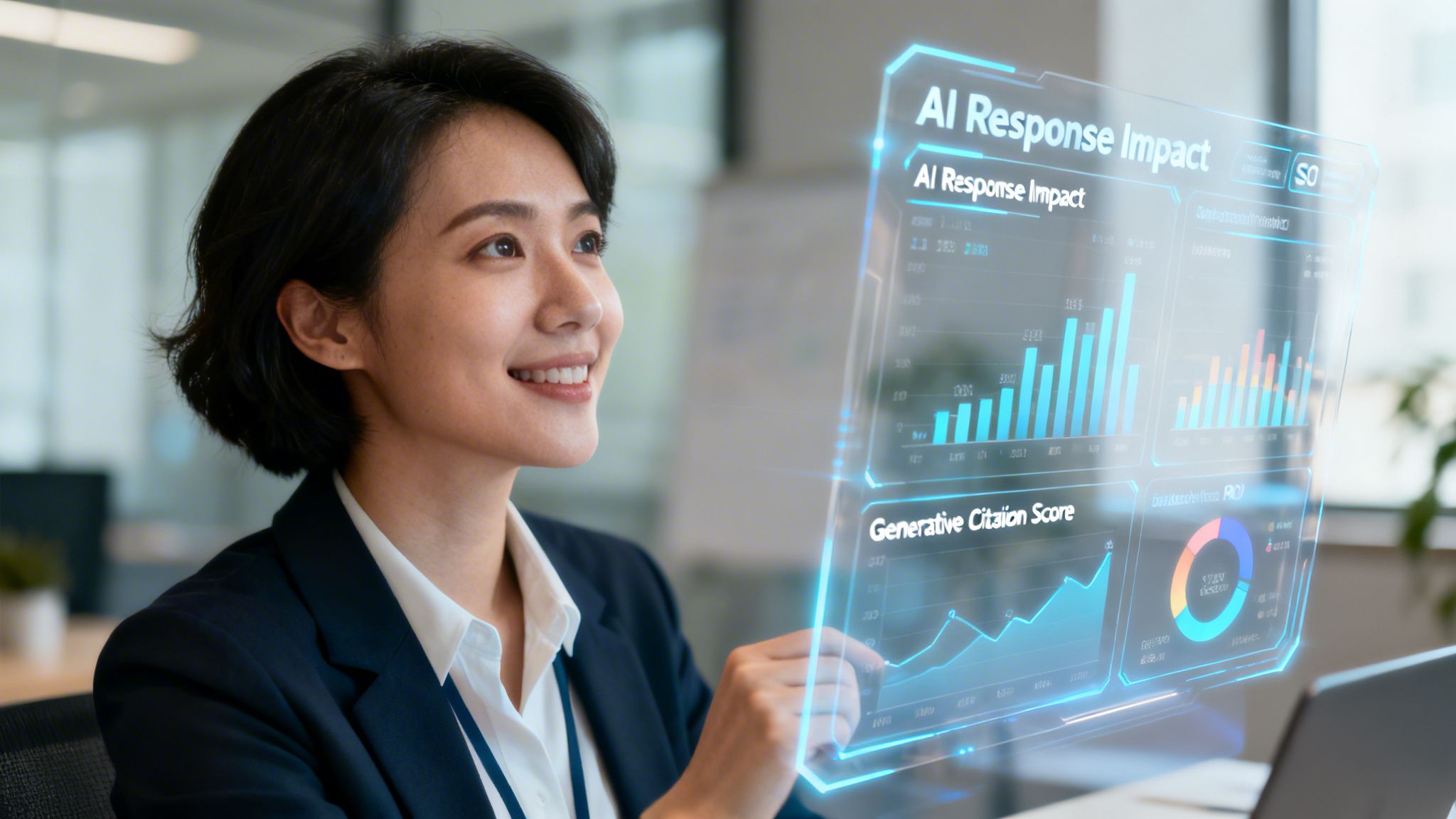 Una profesional analizando datos en una interfaz holográfica moderna sobre el impacto de la inteligencia artificial generativa.