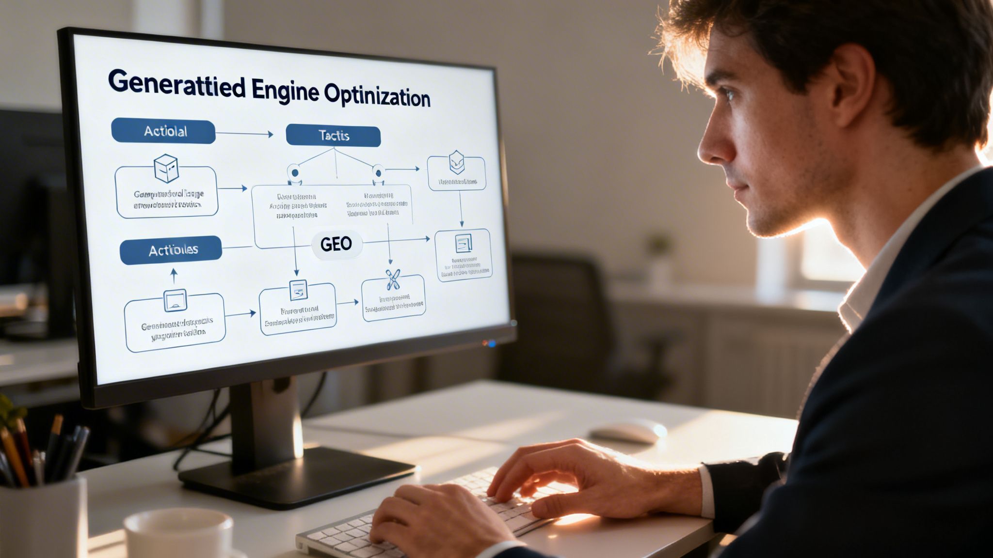 Un hombre de negocios trabajando frente a un monitor que muestra un diagrama de optimización para motores generativos.