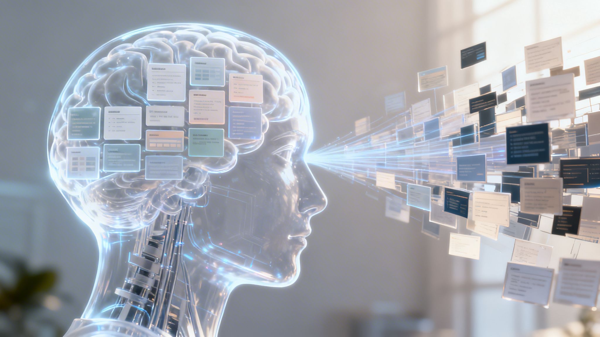 Representación digital de una cabeza robótica analizando múltiples datos y documentos flotantes mediante una proyección de luz
