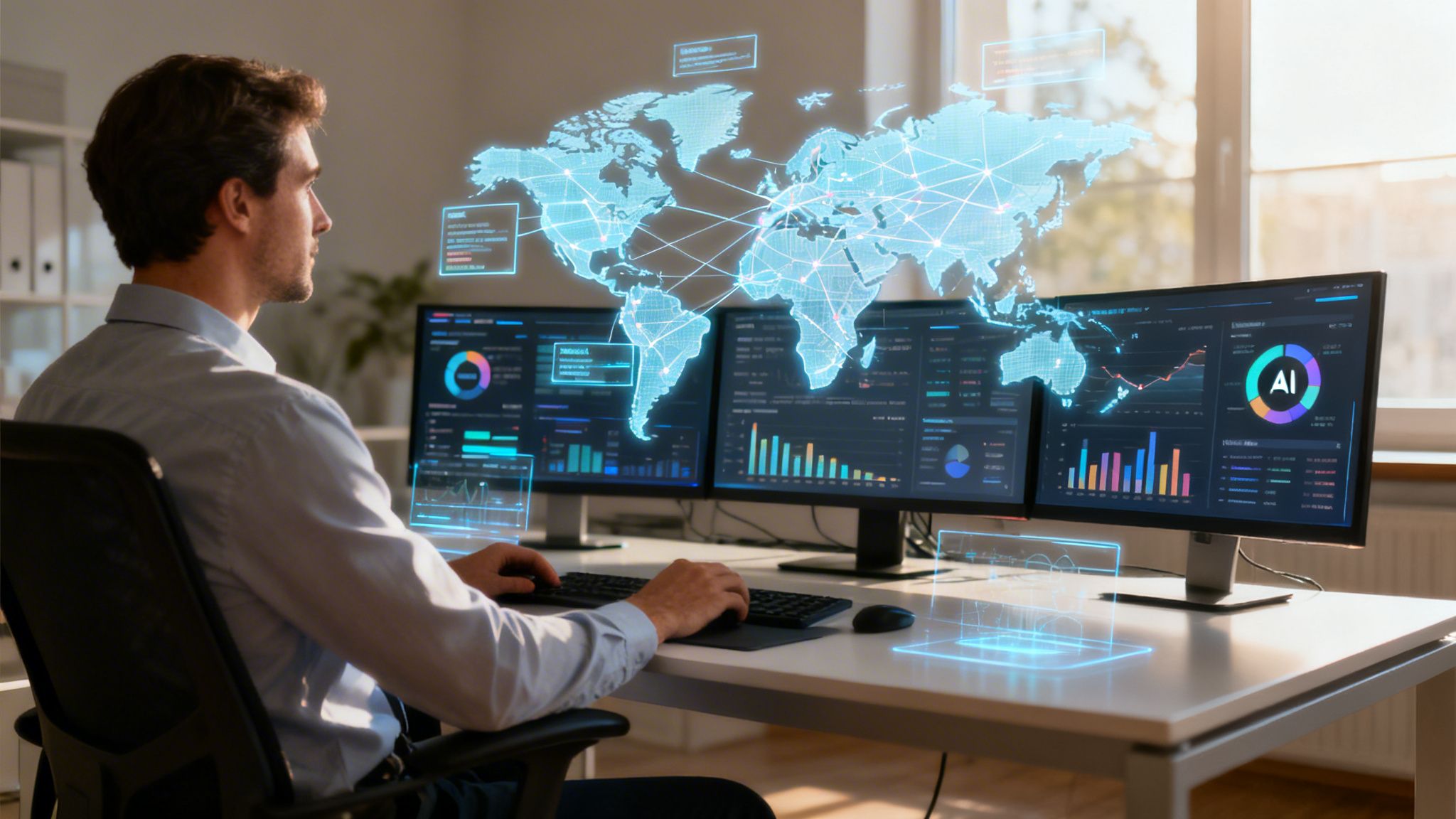 Profesional trabajando frente a tres monitores con hologramas de mapas mundiales y gráficos de inteligencia artificial proyectados.