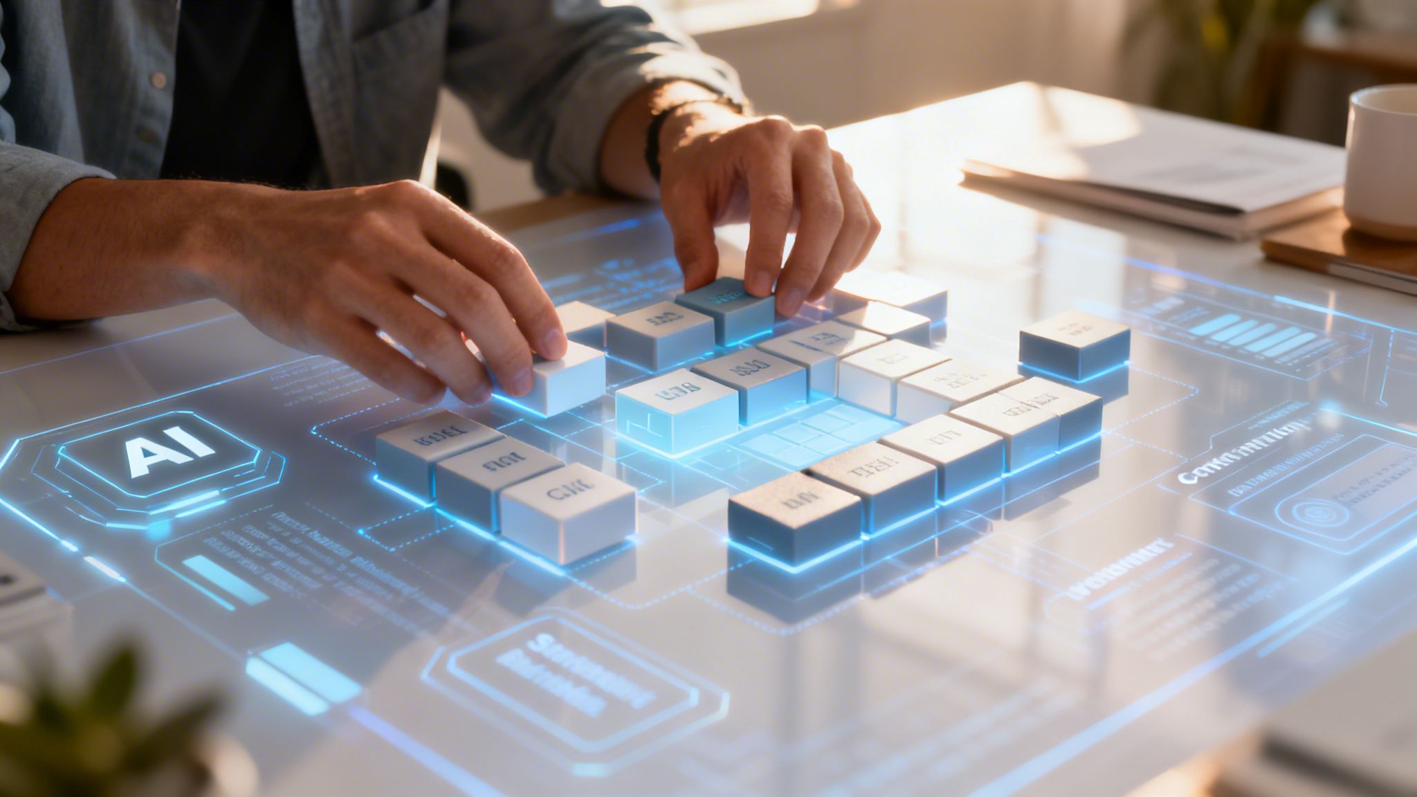Una persona manipulando bloques 3D sobre una mesa digital futurista con gráficos de interfaz de inteligencia artificial.
