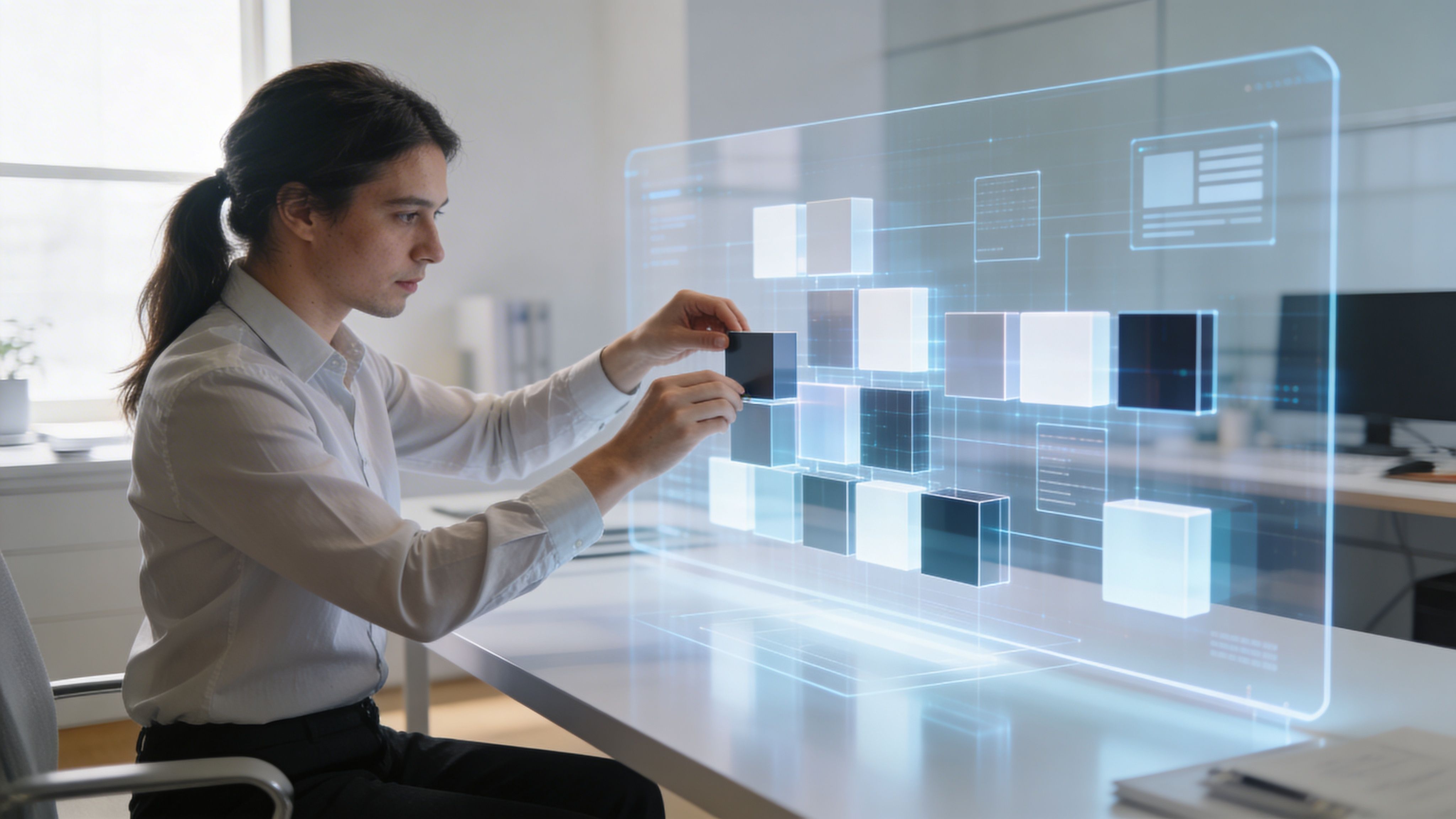 Profesional interactuando con una interfaz holográfica digital que muestra cubos 3D y datos en un entorno de oficina.