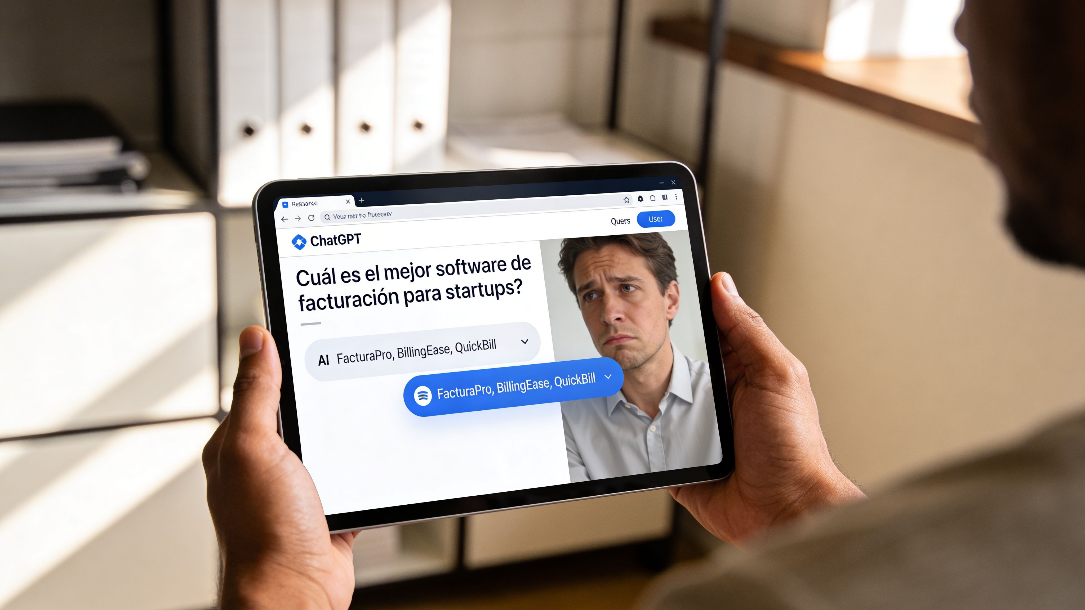 Una persona sosteniendo una tableta mostrando una consulta de ChatGPT sobre software de facturación para empresas emergentes.