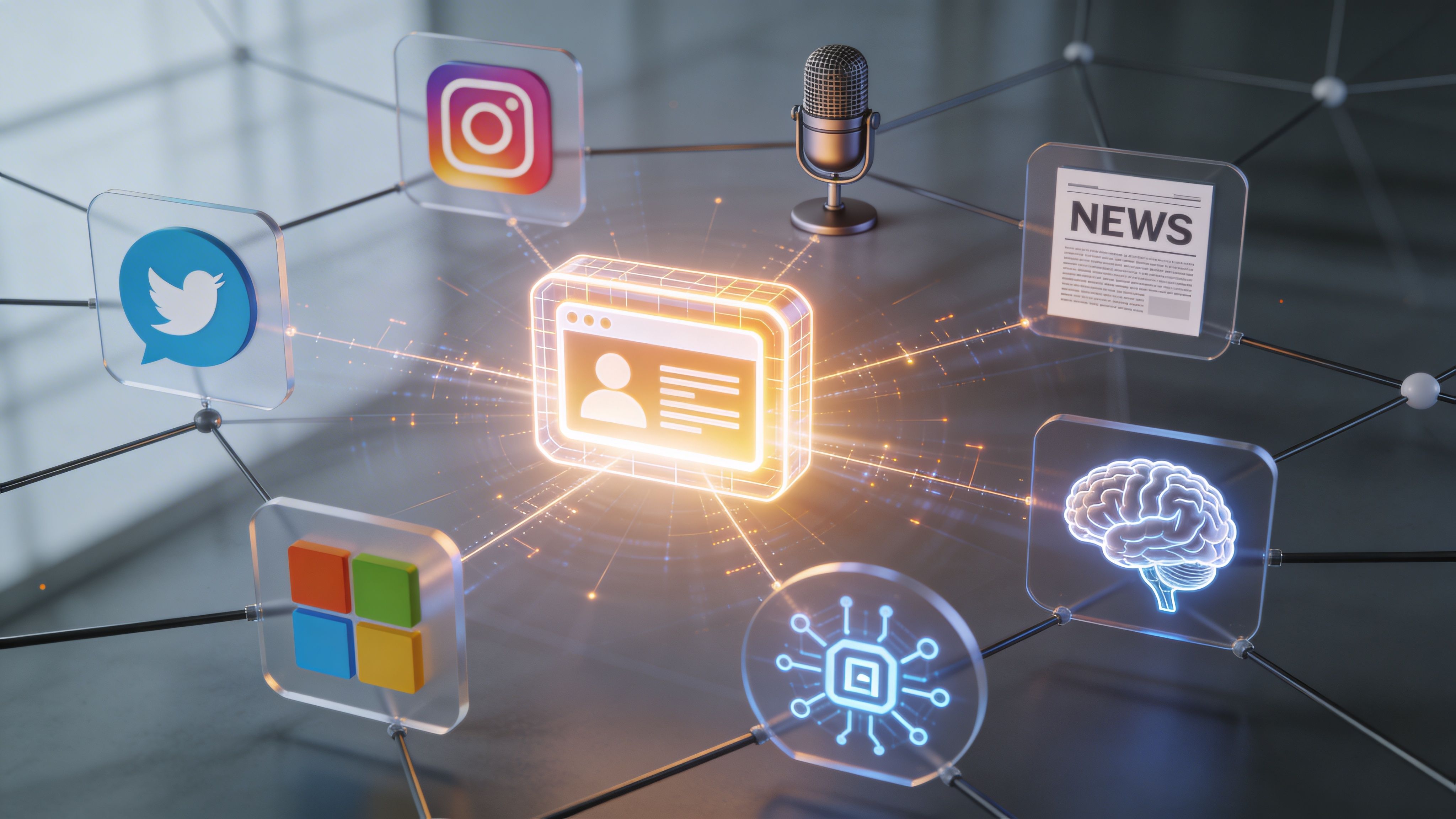 Representación digital de una interfaz de usuario conectada a diversas redes sociales, tecnología de inteligencia artificial y noticias.