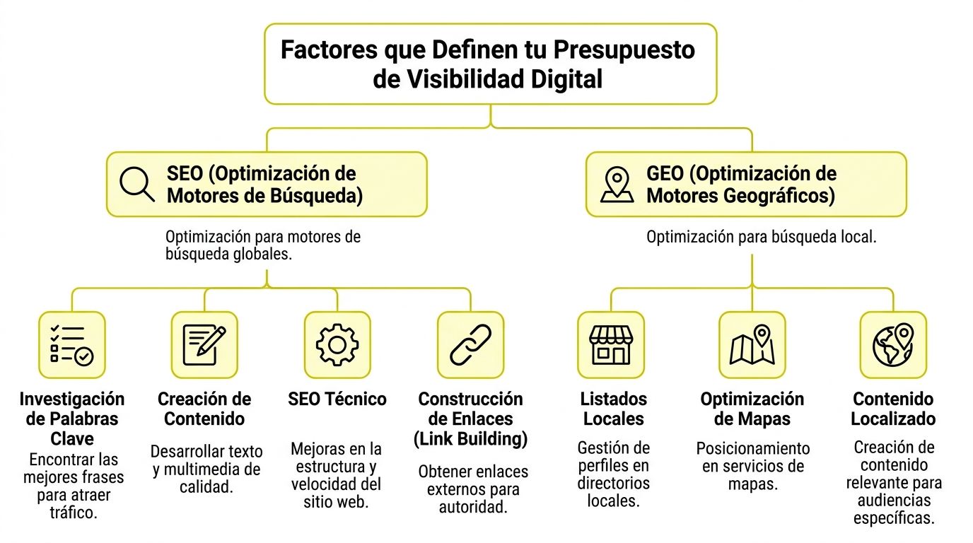 Diagrama que ilustra los factores que influyen en el presupuesto de visibilidad digital SEO y GEO.