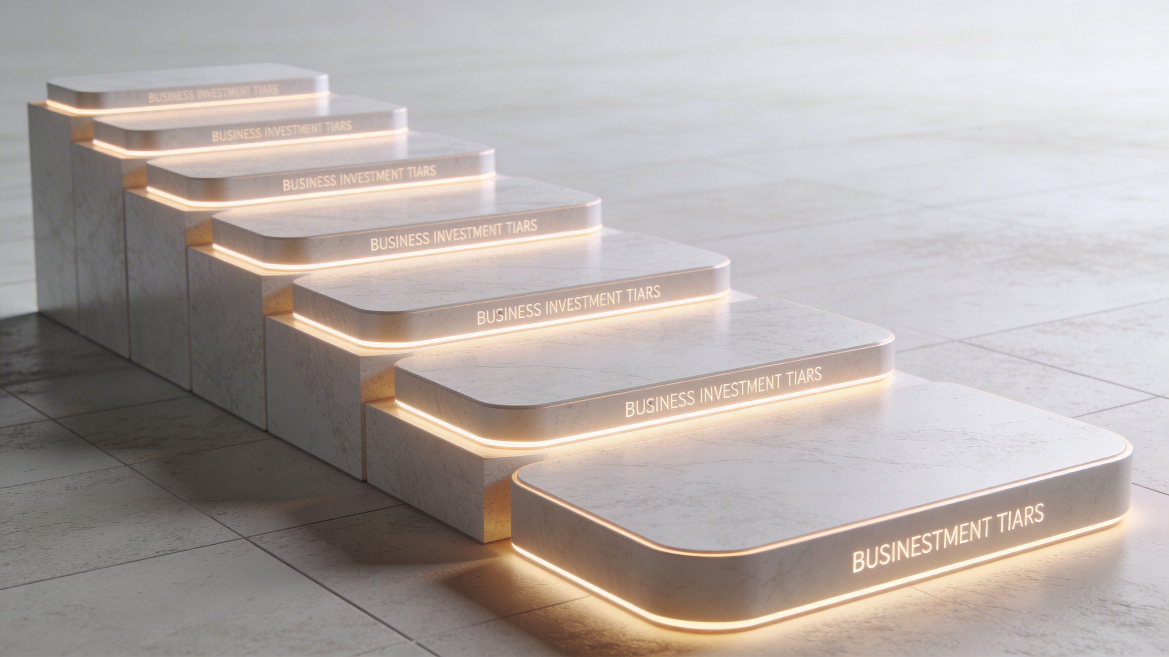 Escalones de mármol iluminados que representan niveles de inversión empresarial en un entorno moderno y elegante.