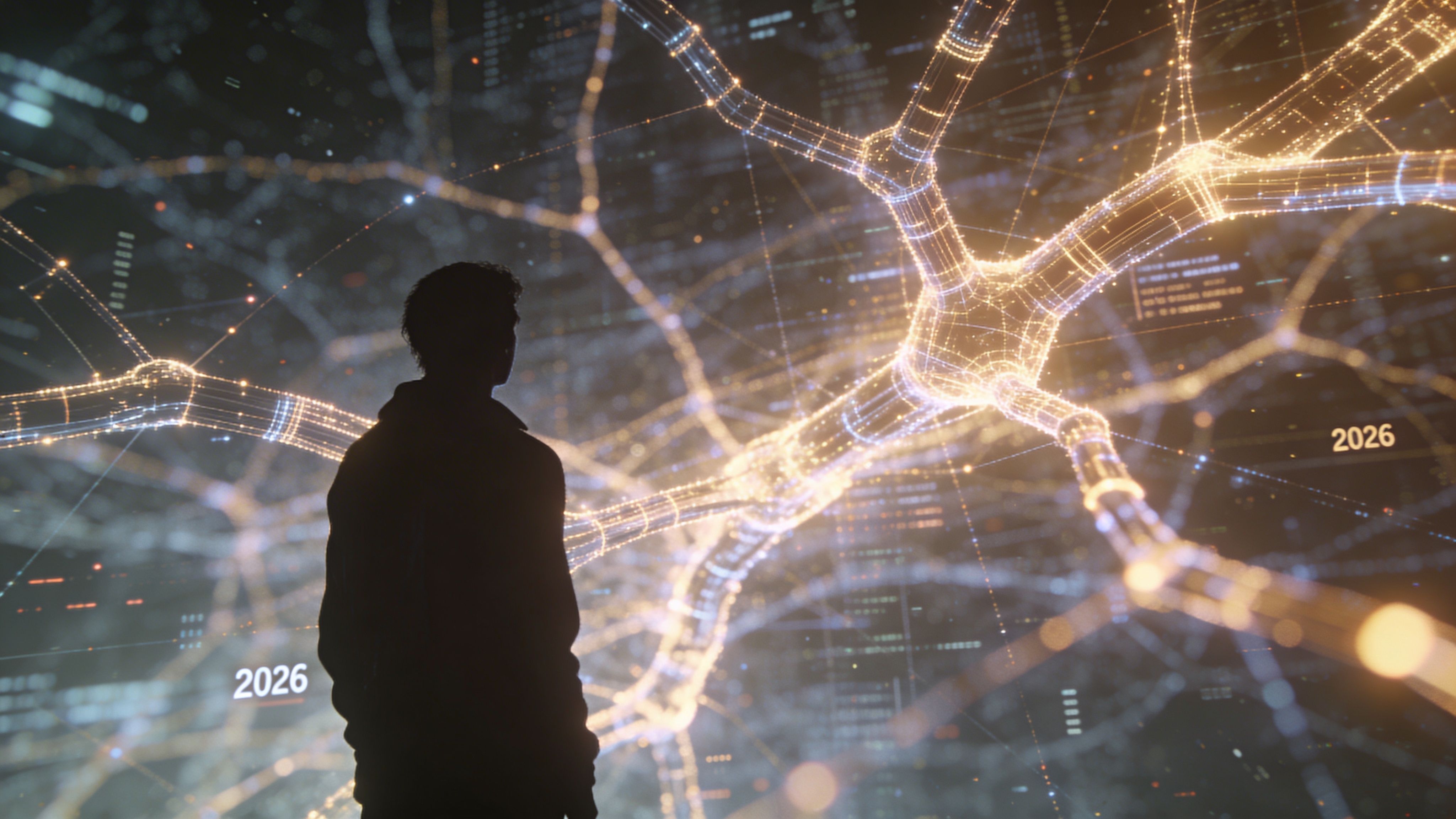 Una silueta humana observa un complejo sistema de conexiones neuronales brillantes que representan tecnología y datos digitales.