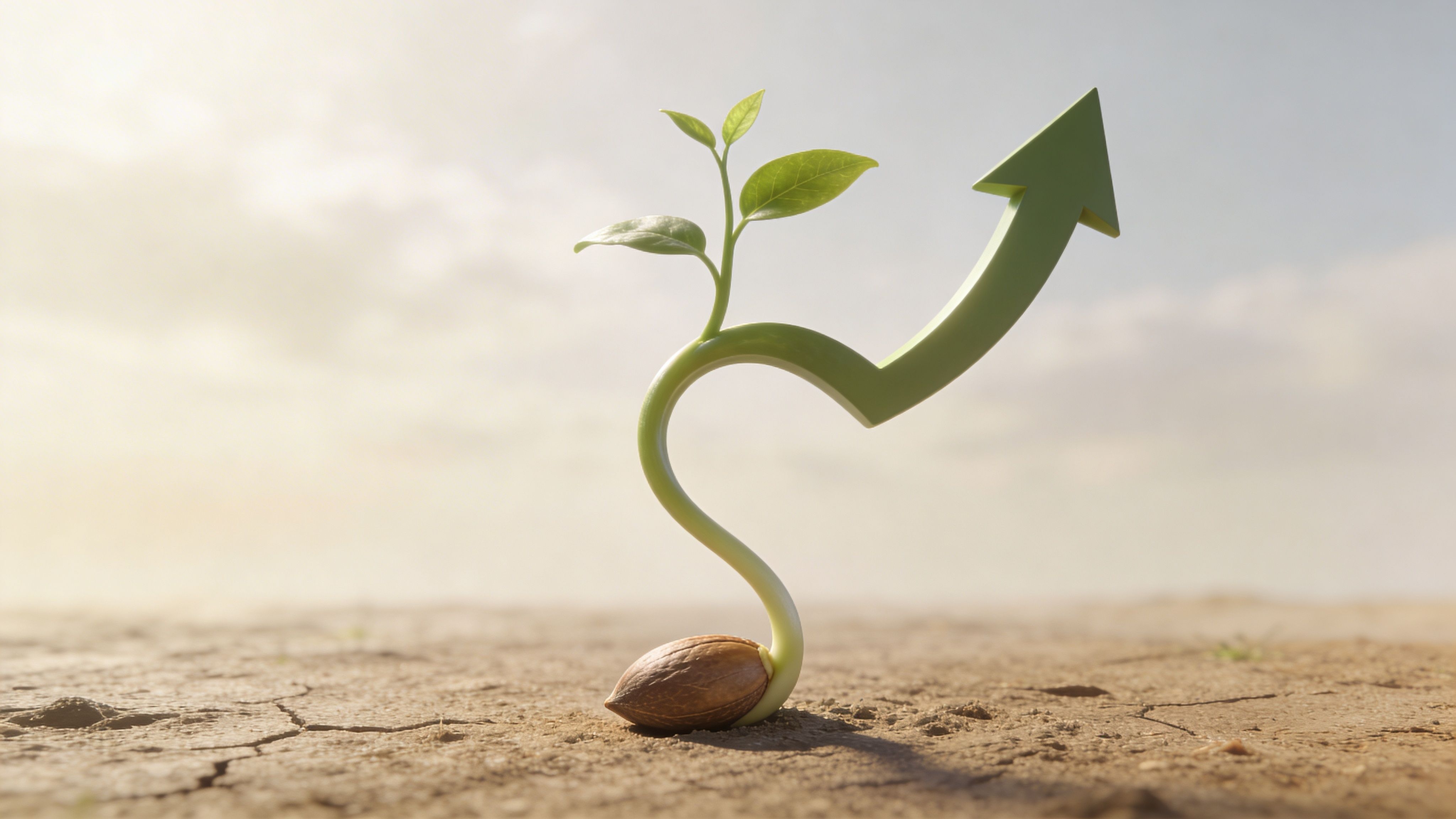 Una semilla brotando de tierra seca convirtiéndose en una flecha verde ascendente que representa crecimiento y optimización.