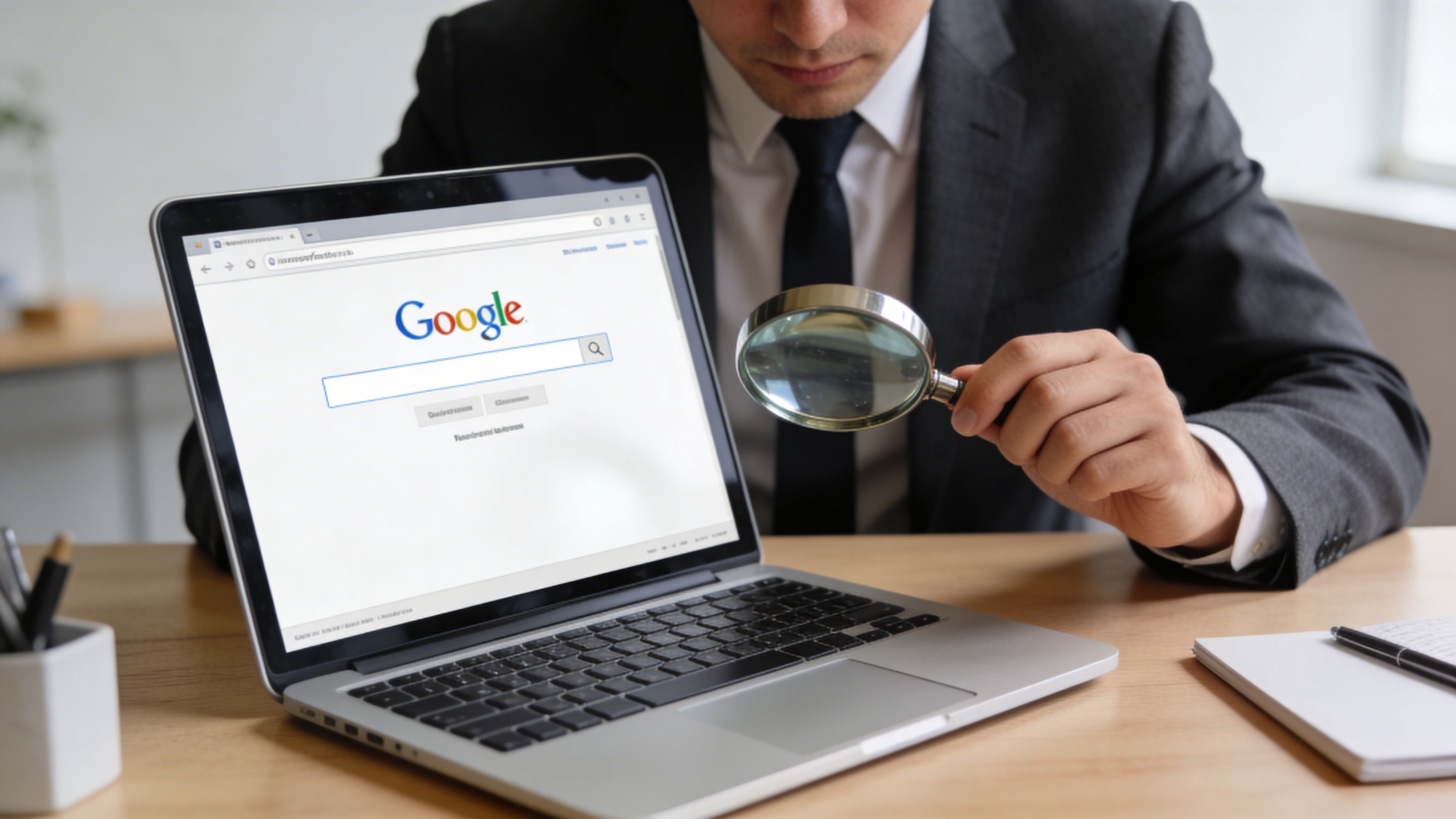 Un hombre de negocios examinando la página de búsqueda de Google en su computadora portátil con una lupa.