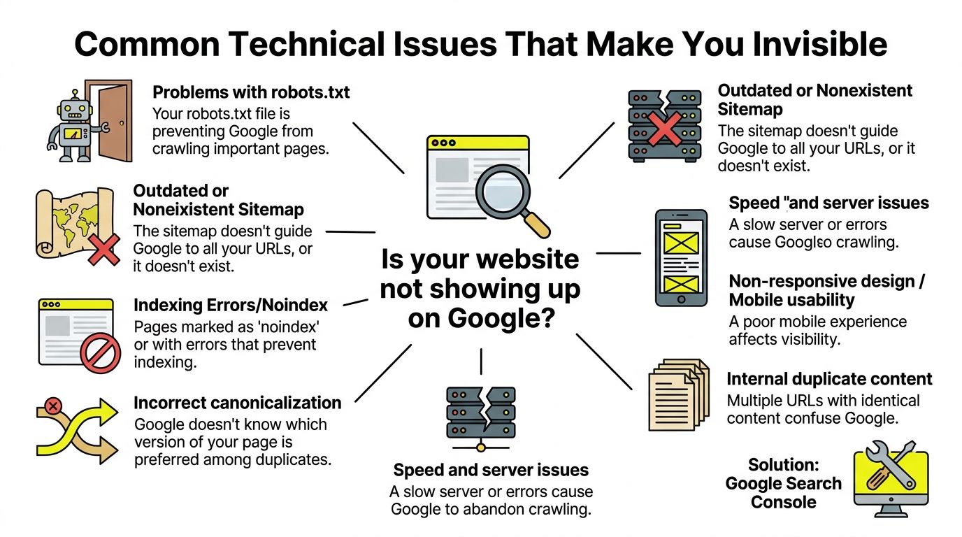 Infografía mostrando los problemas técnicos comunes que impiden que tu sitio web aparezca en los resultados de Google.