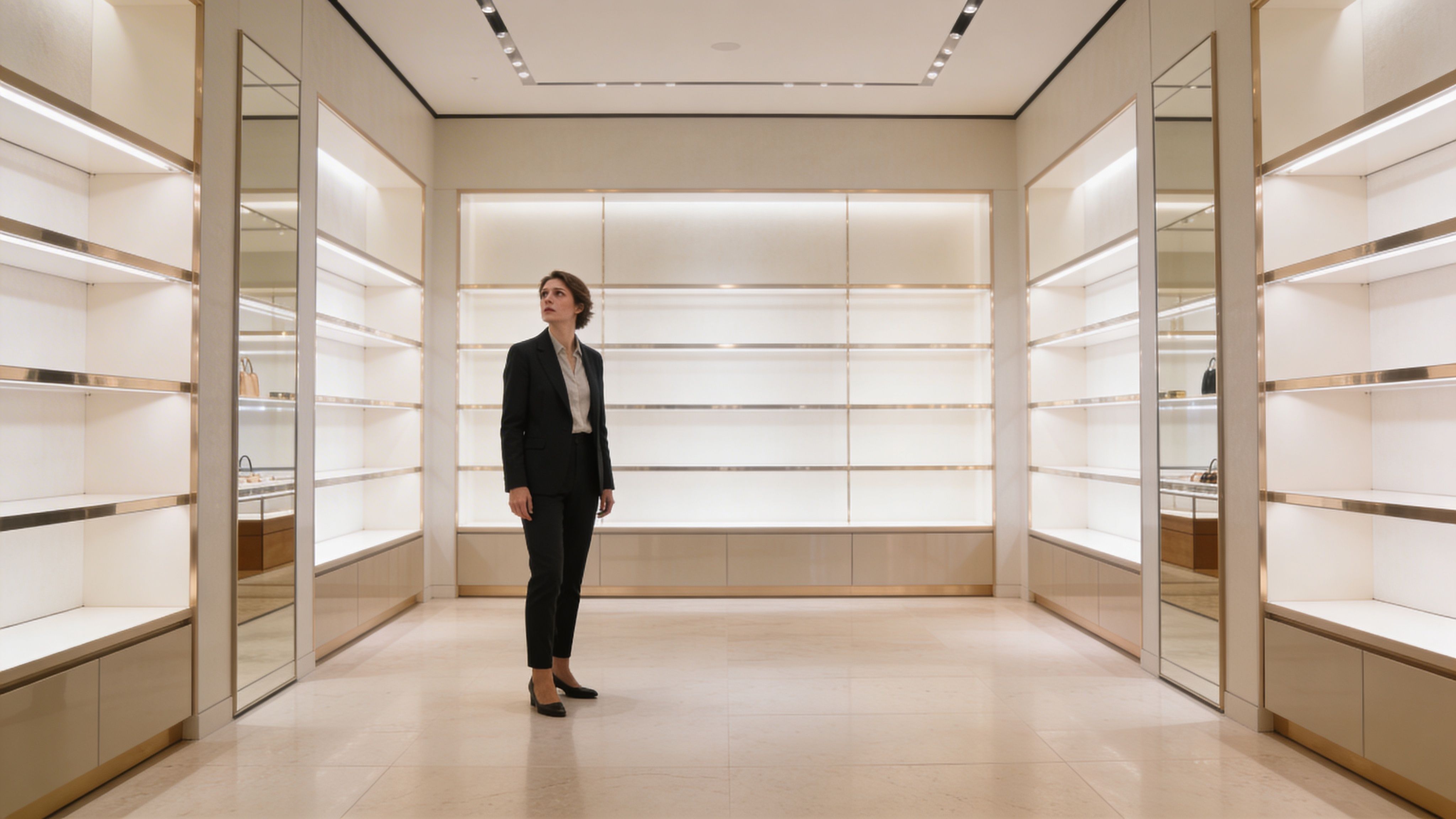 Una mujer con traje elegante observa las estanterías vacías en una boutique de lujo moderna y minimalista.