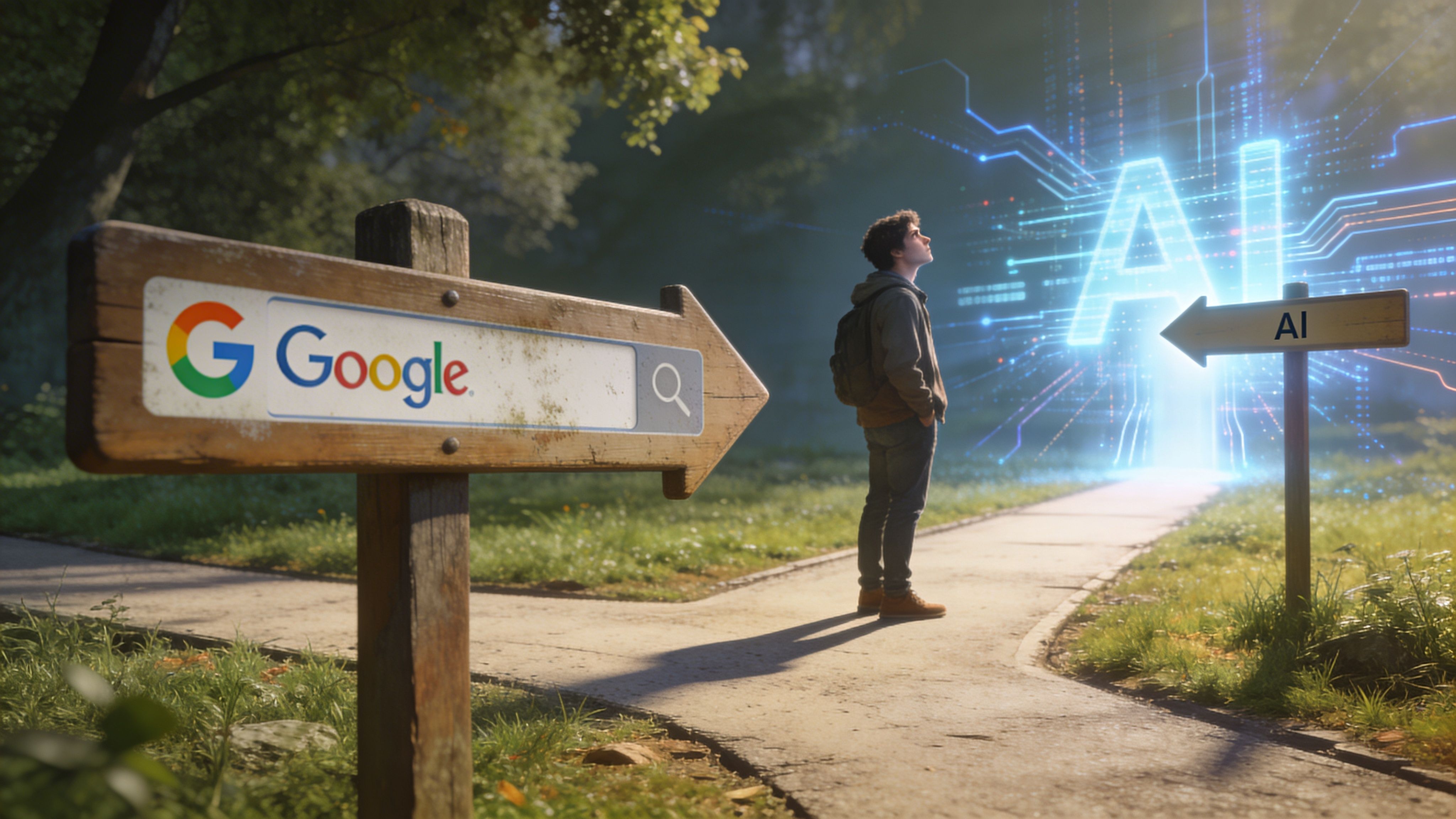 Un joven estudiante de pie ante un cruce de caminos eligiendo entre Google o Inteligencia Artificial generativa.