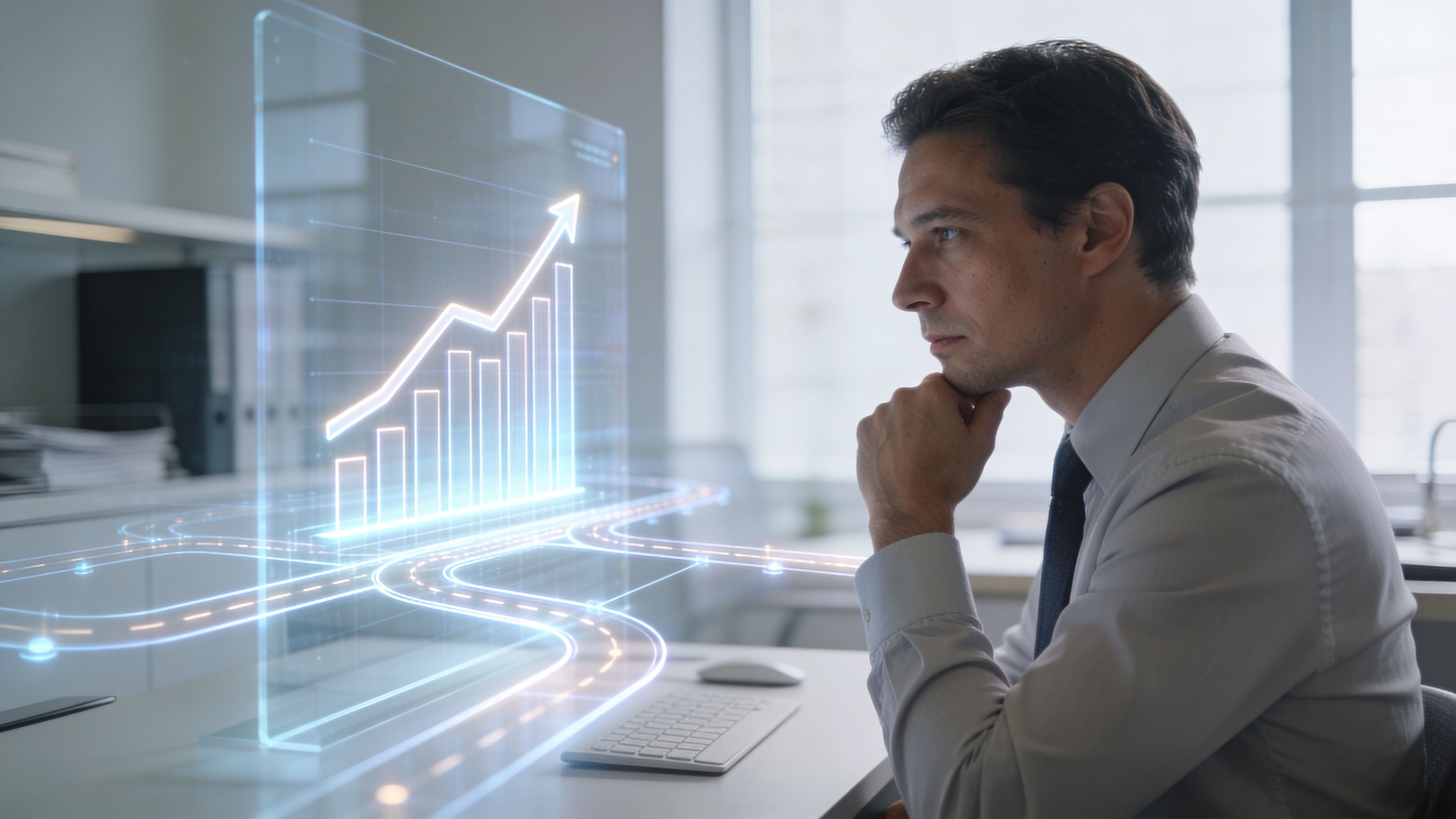 Un hombre de negocios analizando proyecciones de crecimiento empresarial con gráficos digitales holográficos en su escritorio.