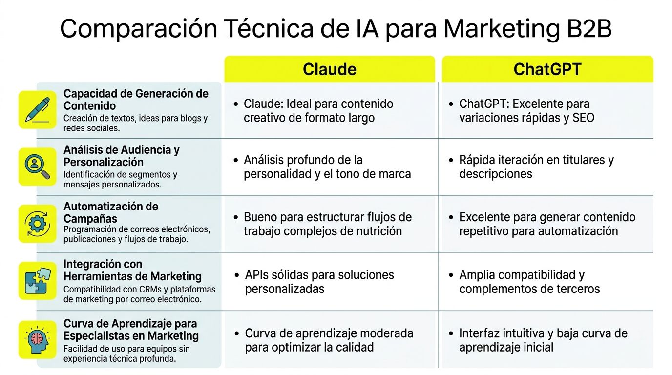 Tabla comparativa de herramientas de inteligencia artificial Claude y ChatGPT enfocada en estrategias de marketing B2B técnico.