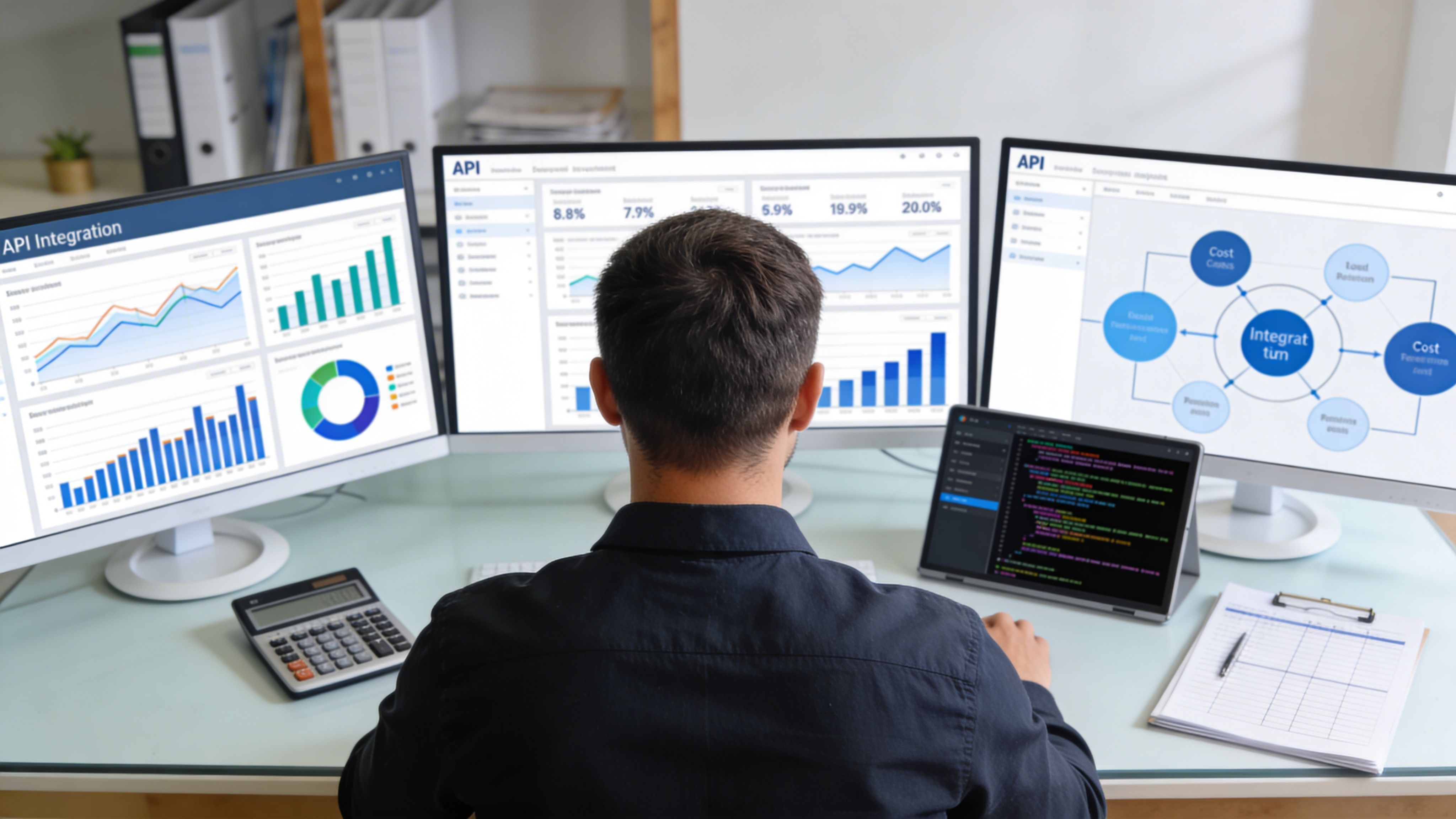 Un hombre trabajando en su oficina frente a tres pantallas que muestran gráficos y datos estadísticos financieros.