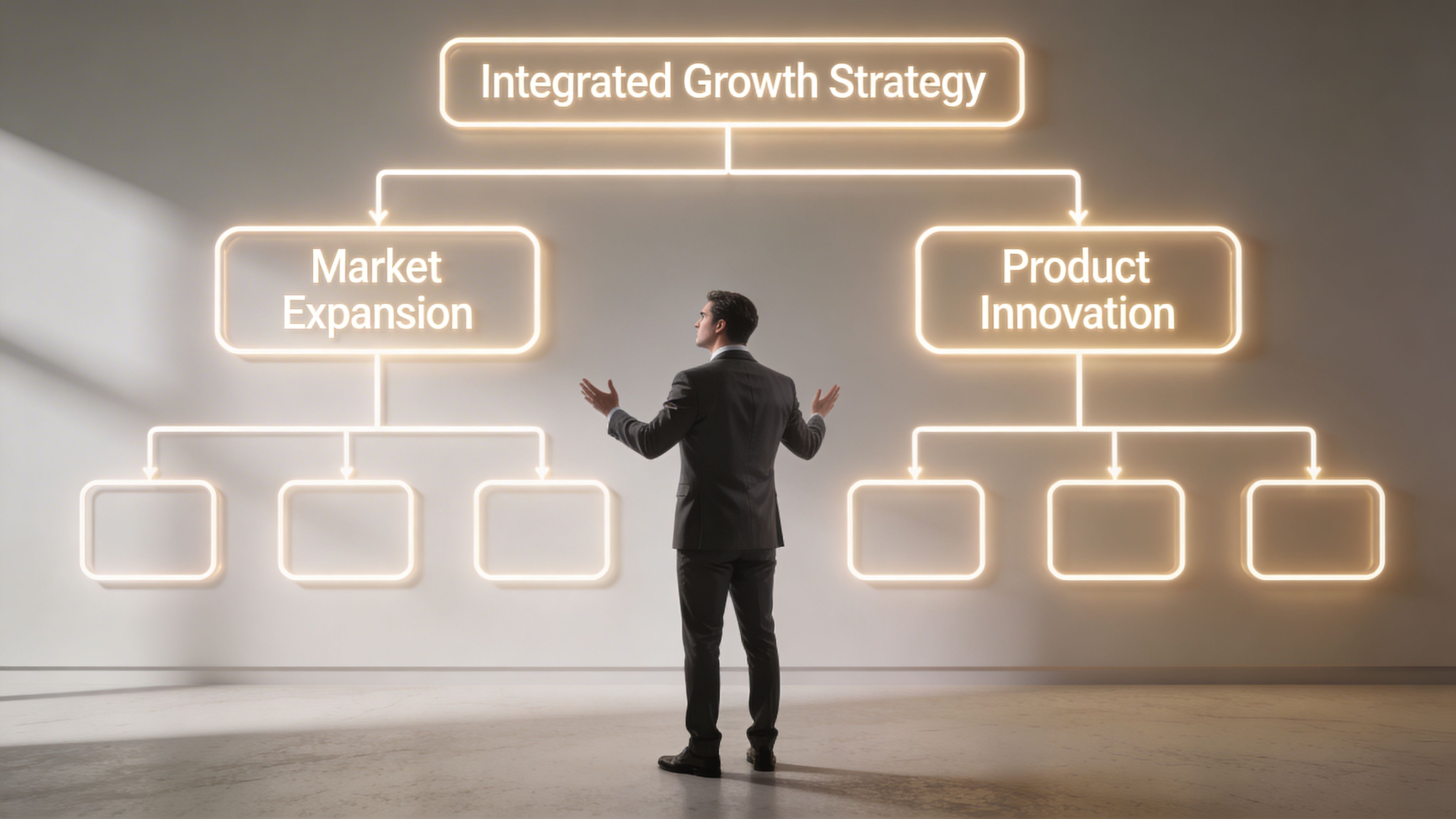 Un empresario observa un organigrama luminoso en la pared que representa una estrategia de crecimiento integrado empresarial.
