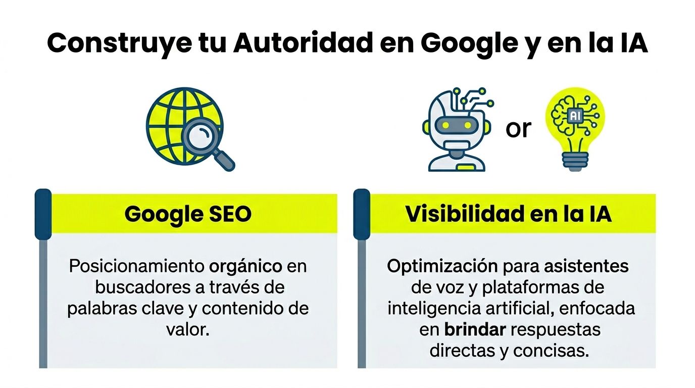 Infografía comparativa entre Google SEO y visibilidad en IA para construir autoridad digital en buscadores.