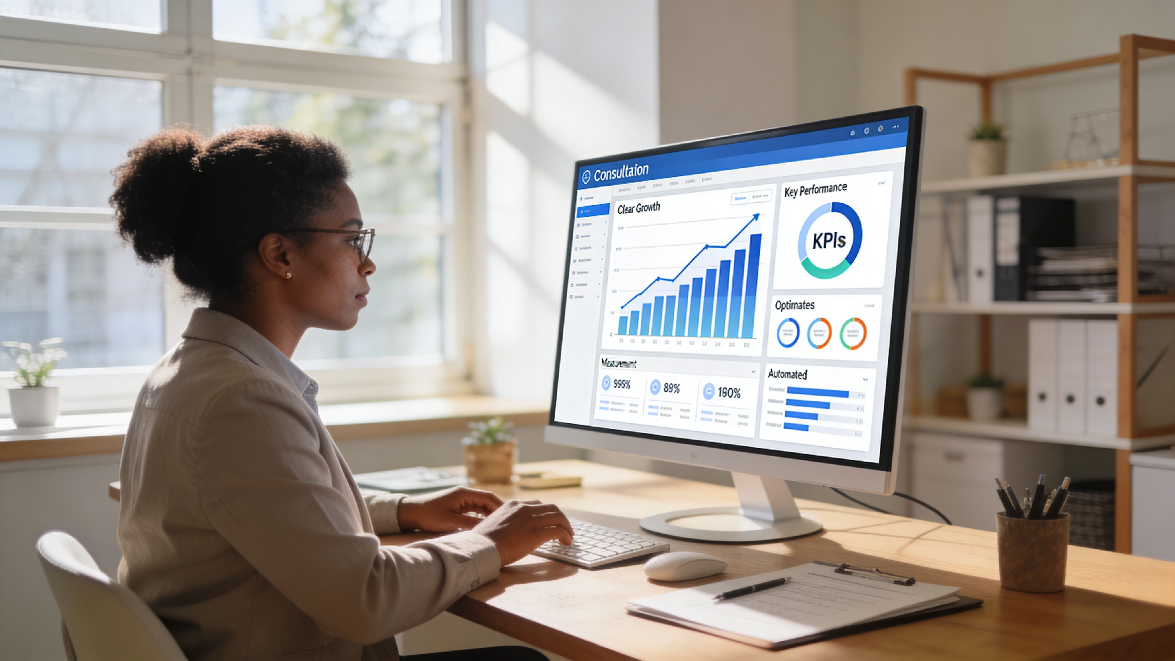 Una profesional analizando métricas de crecimiento y rendimiento en un monitor de computadora en su oficina.