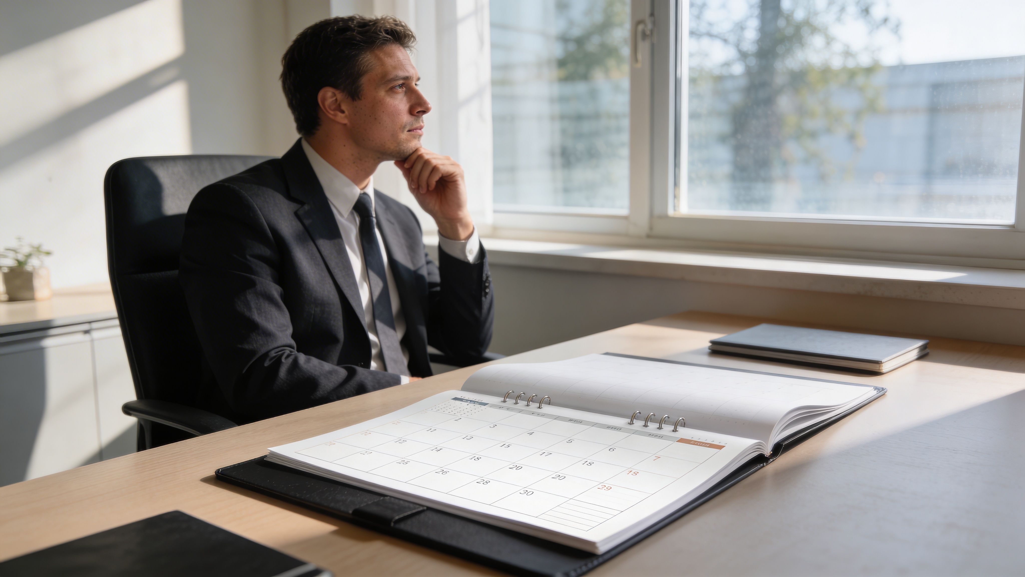 Un profesional de negocios sentado frente a una ventana, reflexionando sobre su planificación en un calendario de escritorio.