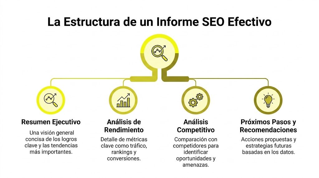 Infografía que muestra la estructura necesaria para elaborar un informe de resultados SEO efectivo y profesional.