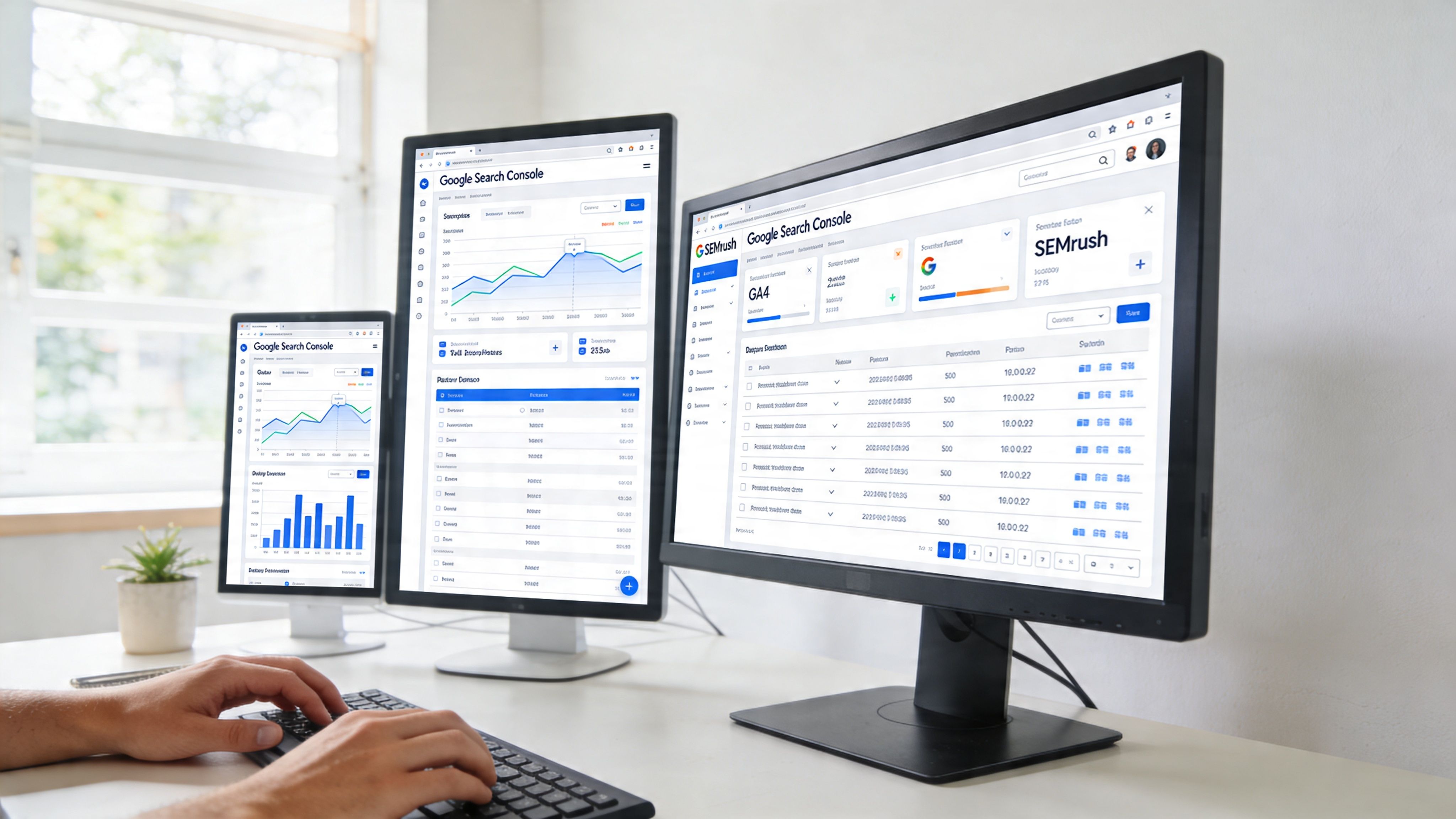 Una persona trabajando en múltiples monitores mostrando paneles de control de analítica web y reportes SEO detallados.