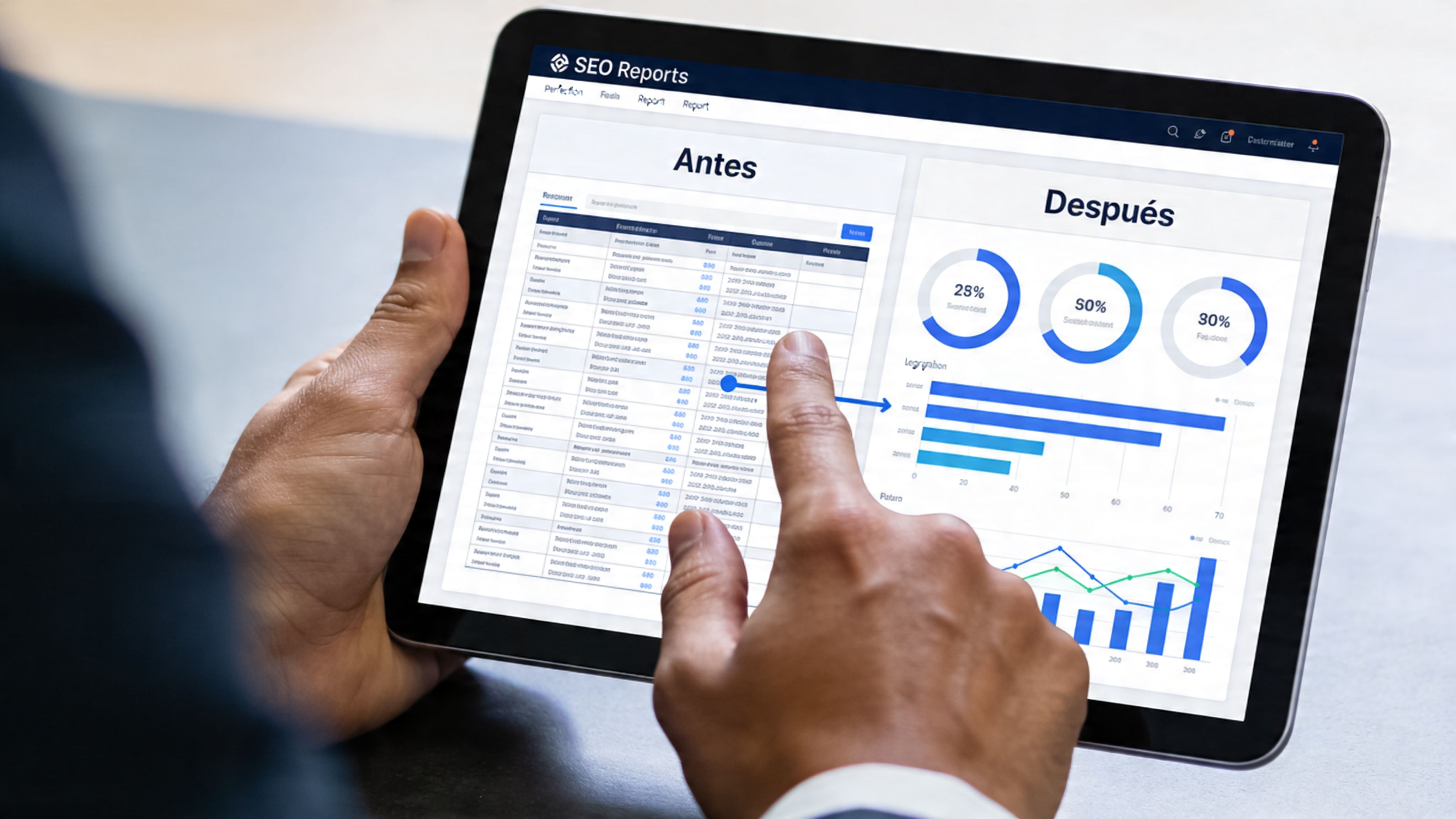 Una persona sosteniendo una tableta mostrando una comparativa de informes SEO con datos antes y después.