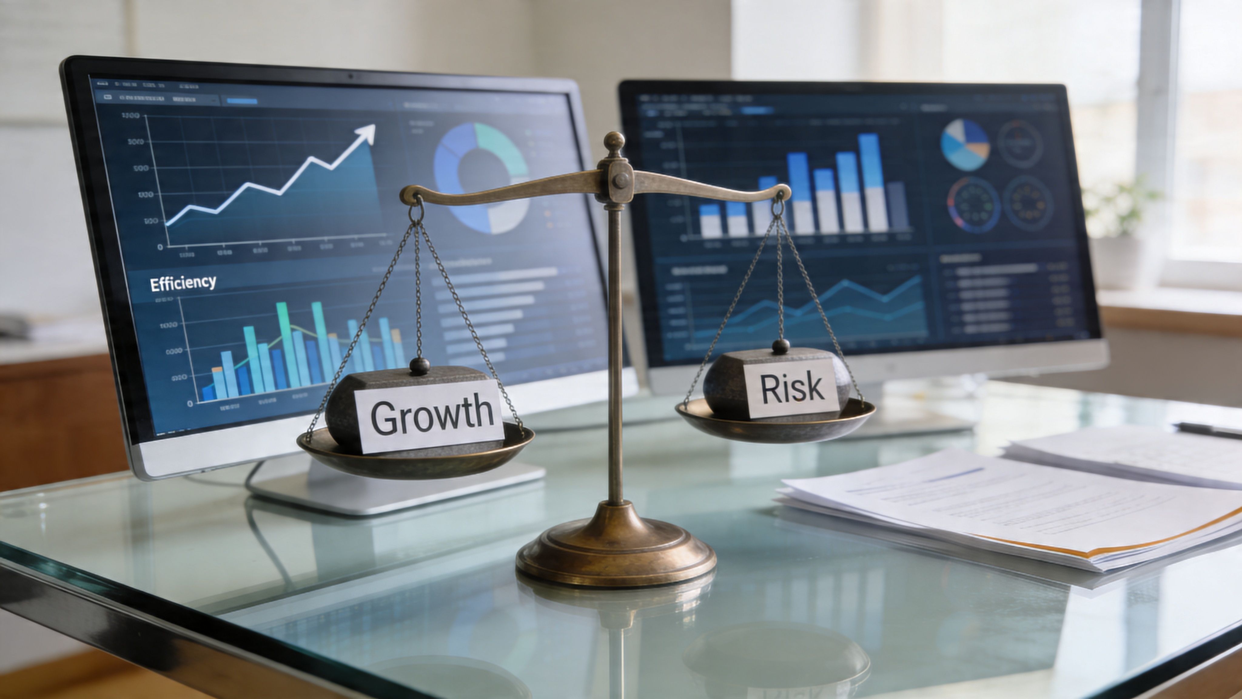 Una balanza de justicia sobre una mesa que equilibra los conceptos de crecimiento y riesgo financiero empresarial.