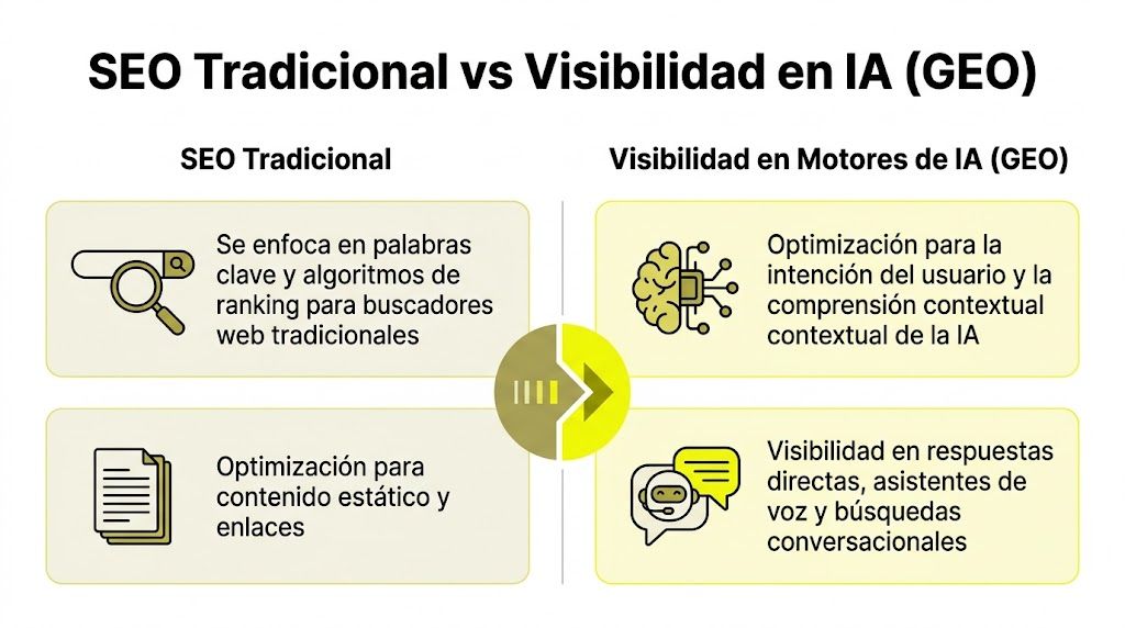 Comparativa entre SEO tradicional centrado en palabras clave y optimización para motores de inteligencia artificial conversacional.