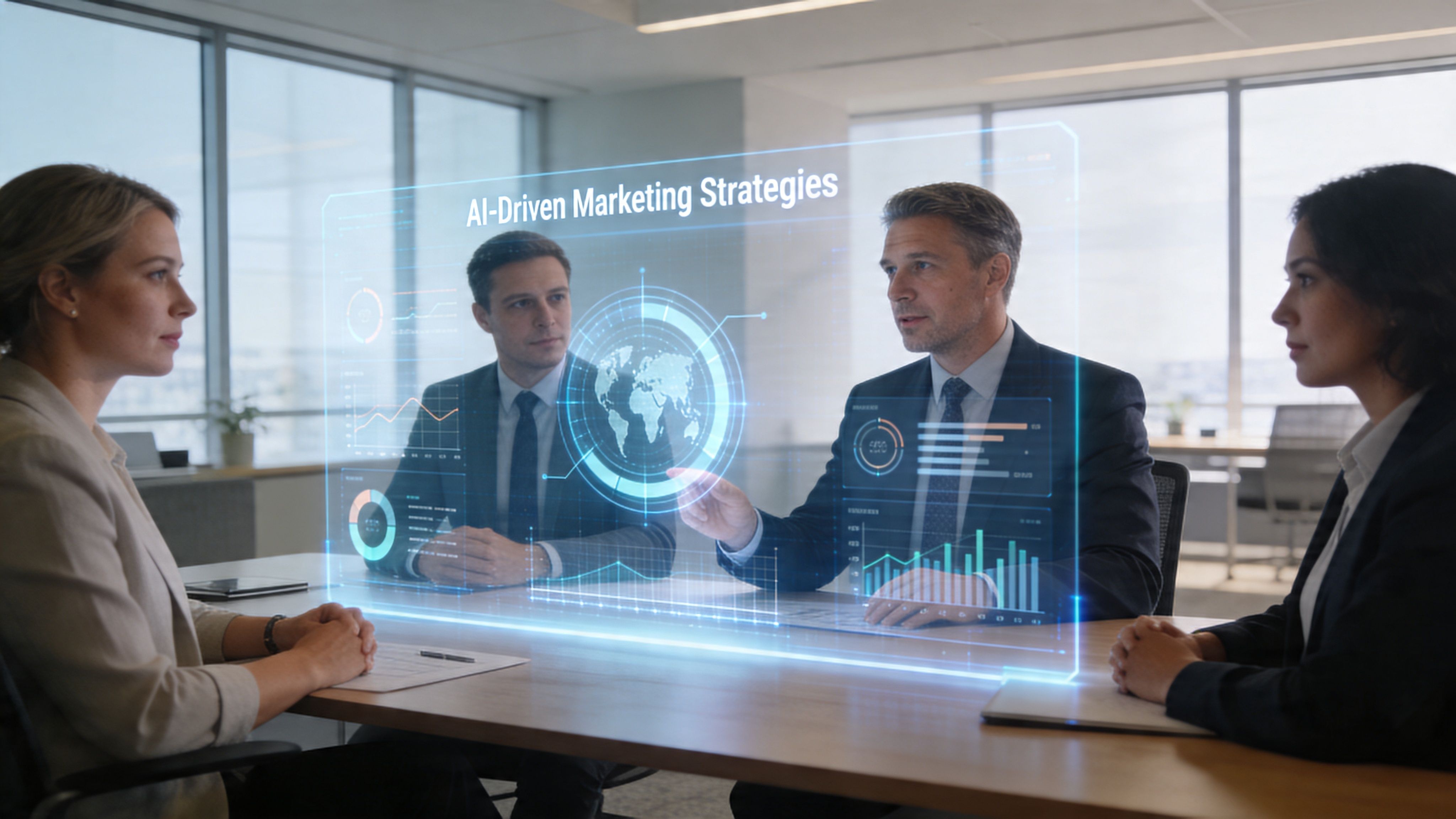Un equipo de negocios analizando proyecciones de marketing con inteligencia artificial a través de una interfaz digital futurista.