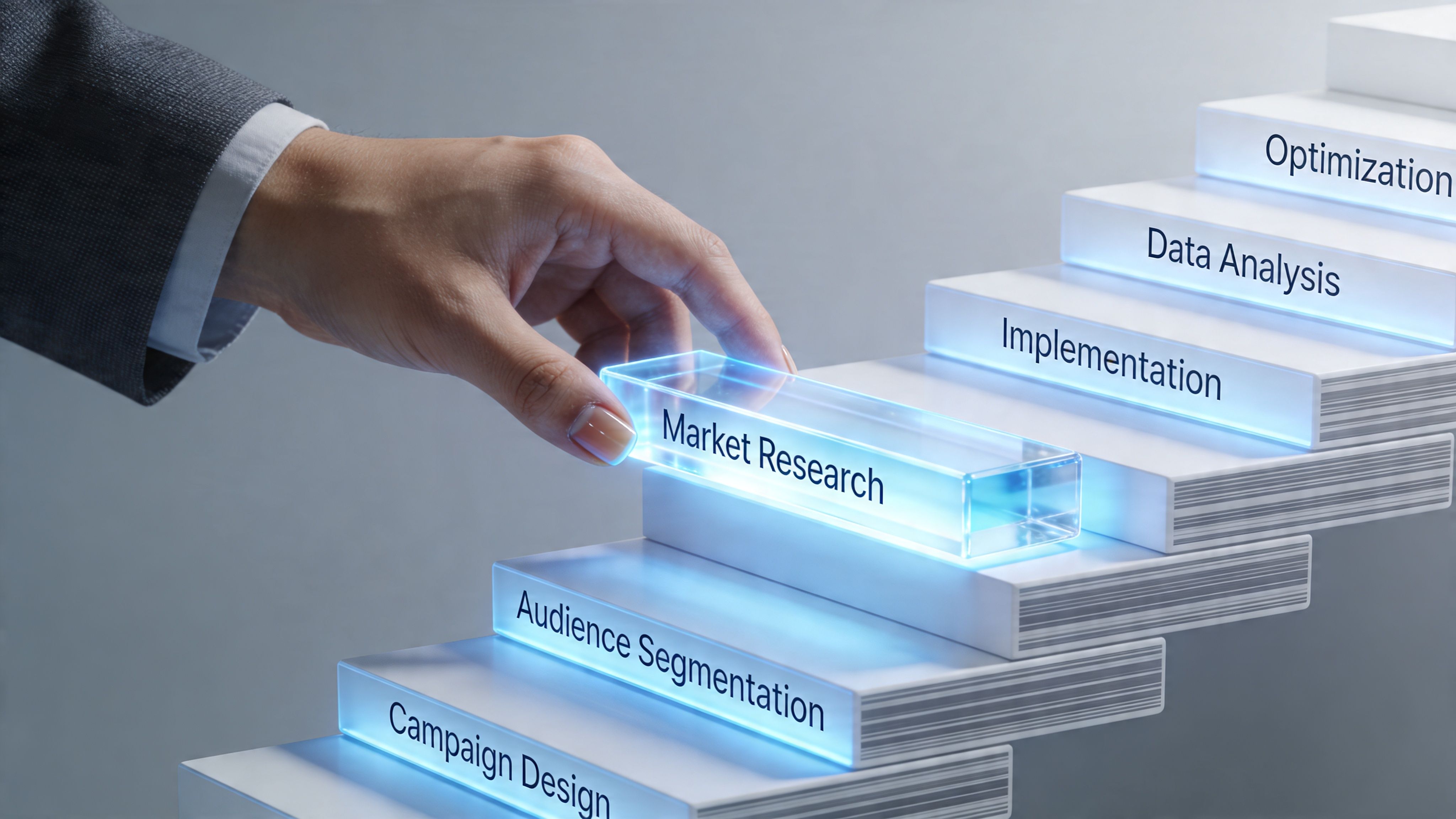 Mano de una persona colocando un bloque brillante que representa el proceso estratégico de investigación de mercado.