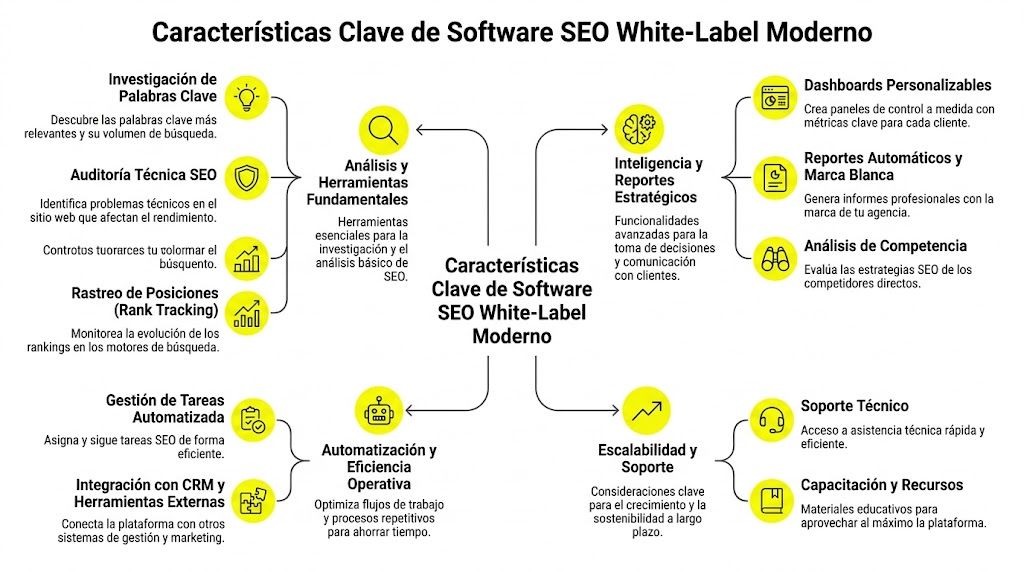 Diagrama que detalla las características principales del software SEO de marca blanca moderno para agencias digitales.