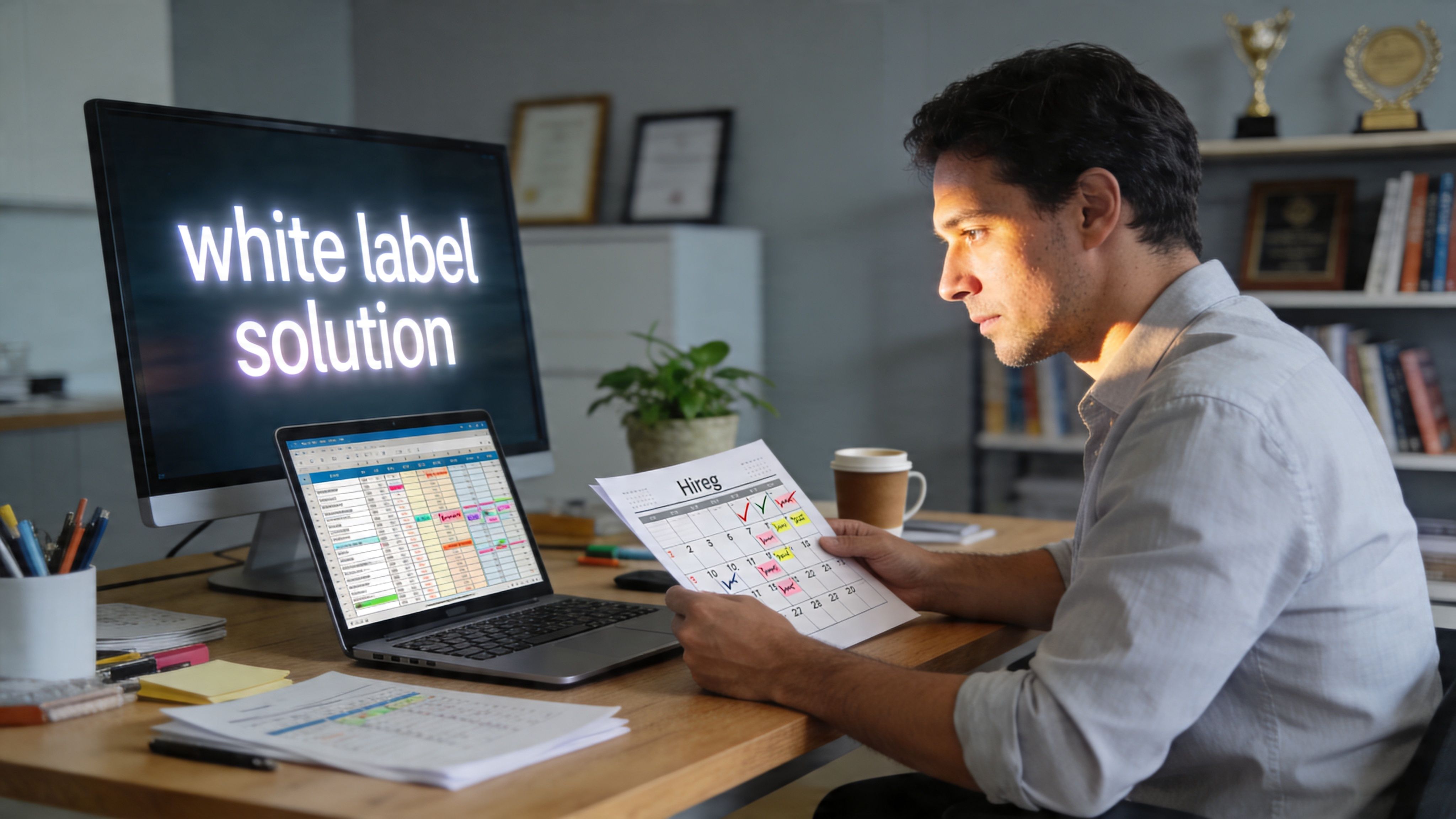 Un profesional de negocios revisa un calendario de contrataciones mientras trabaja frente a su computadora con software especializado.
