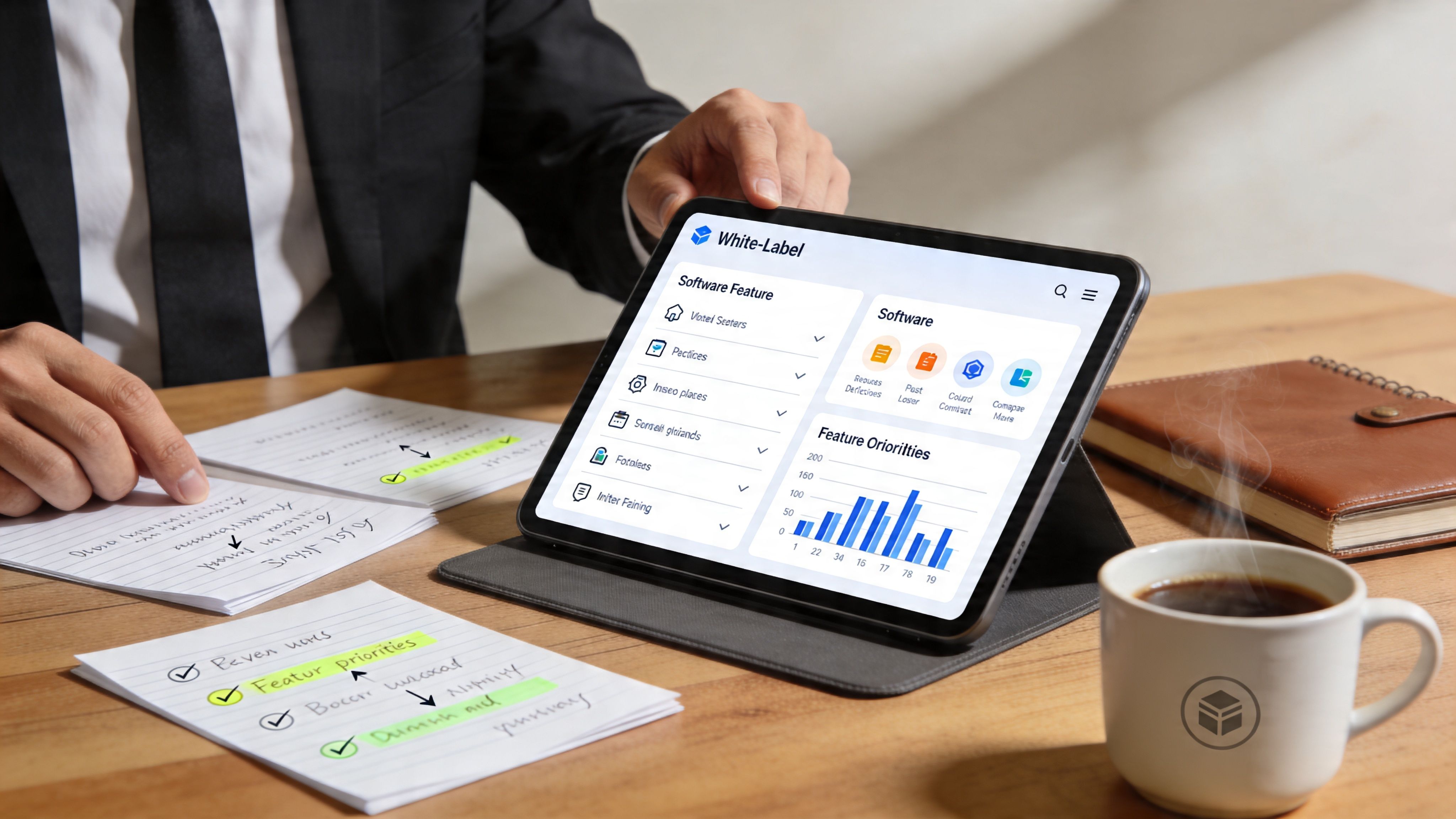Un profesional de negocios revisando estrategias de software white label en una tableta y notas manuscritas.