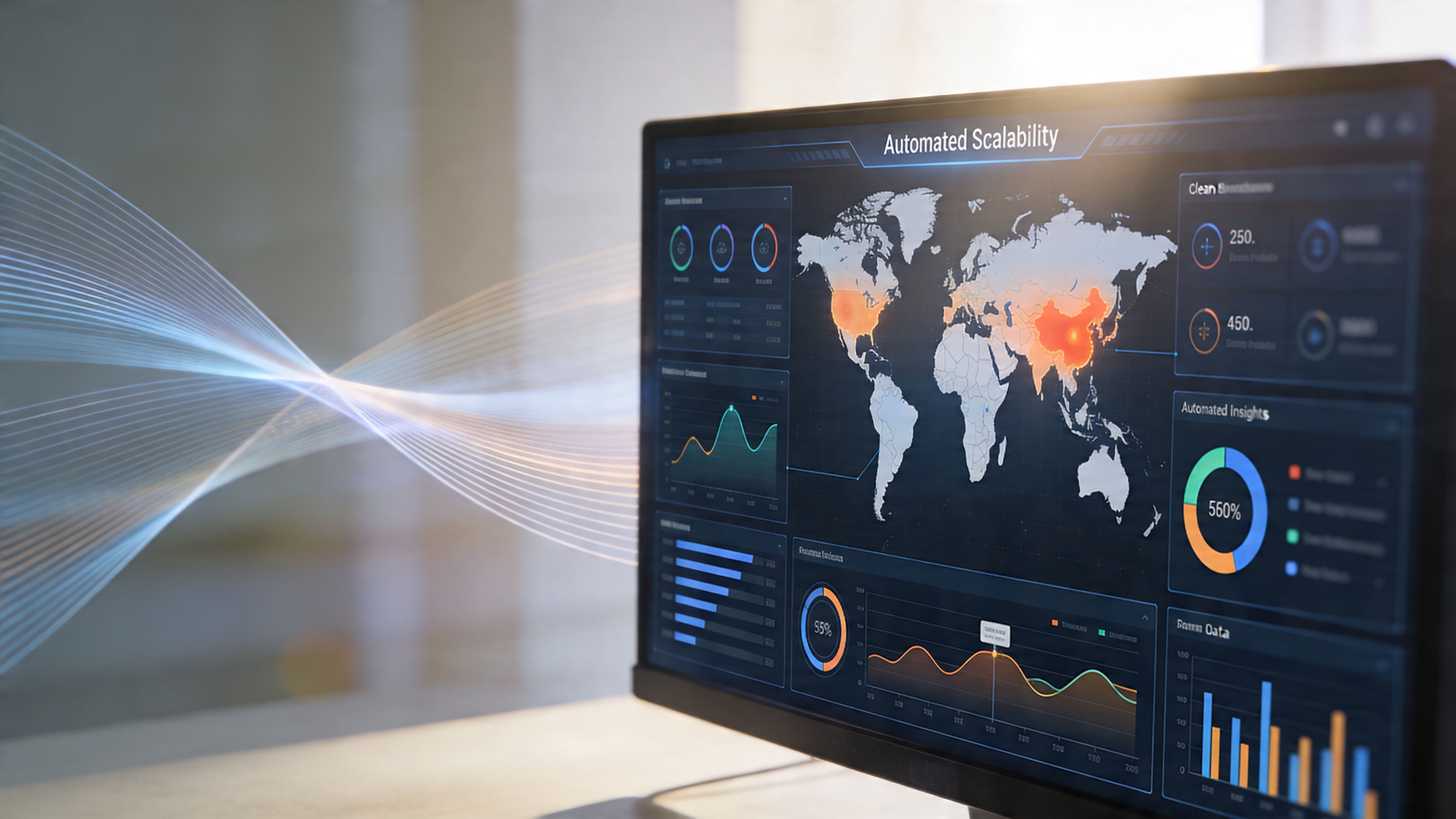 Pantalla digital mostrando un mapa mundial con datos de escalabilidad automatizada y analíticas de rendimiento global.