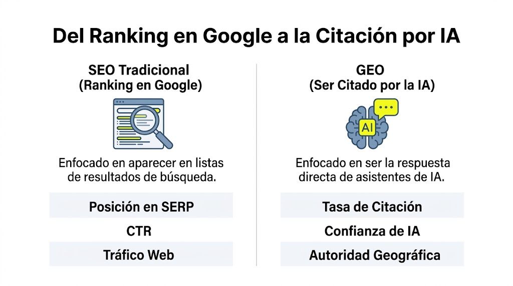Infografía comparativa entre SEO tradicional para Google y el nuevo concepto de GEO para IA.