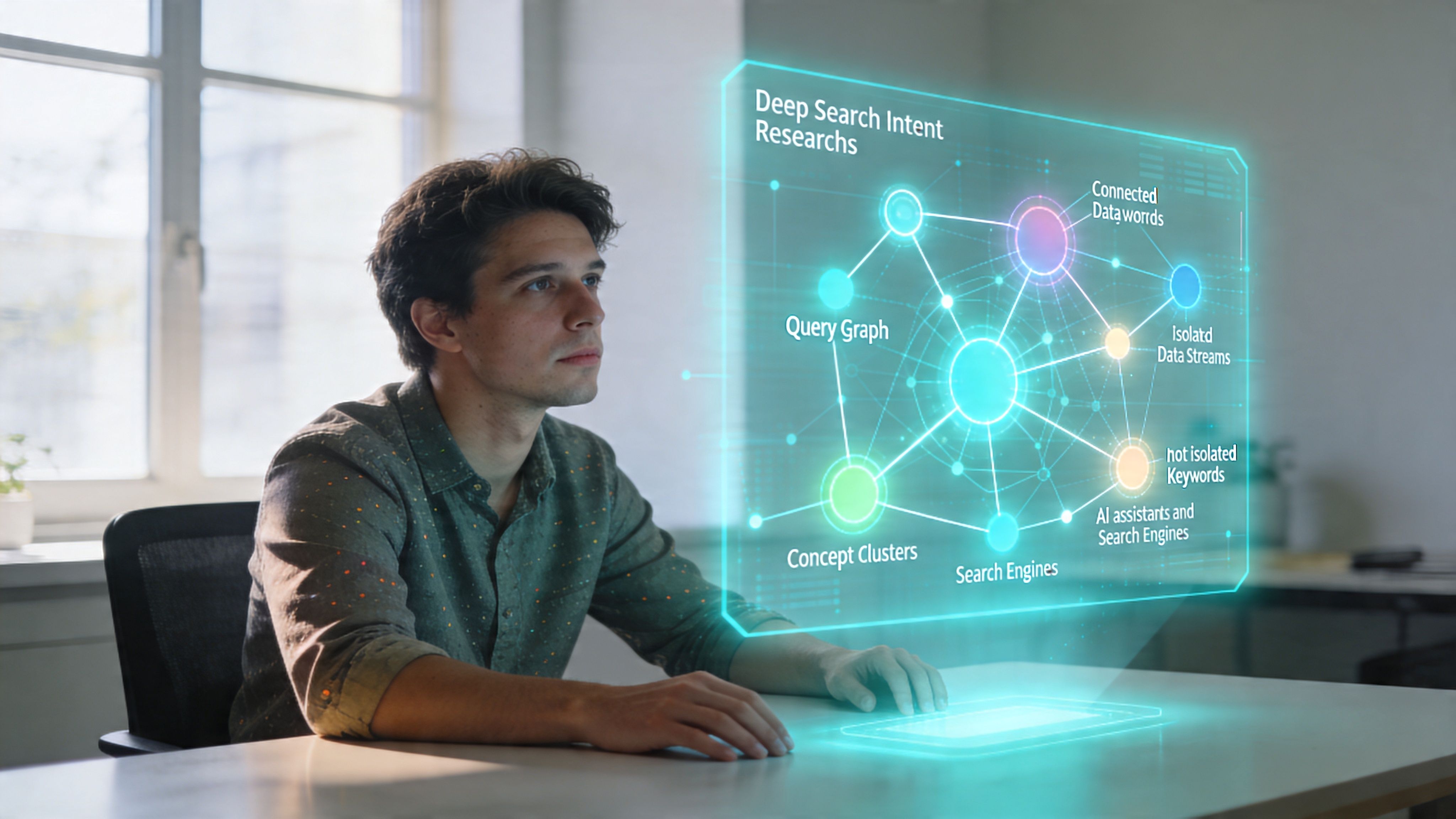 Un hombre joven observa un panel holográfico interactivo que muestra conceptos complejos de búsqueda y datos digitales.