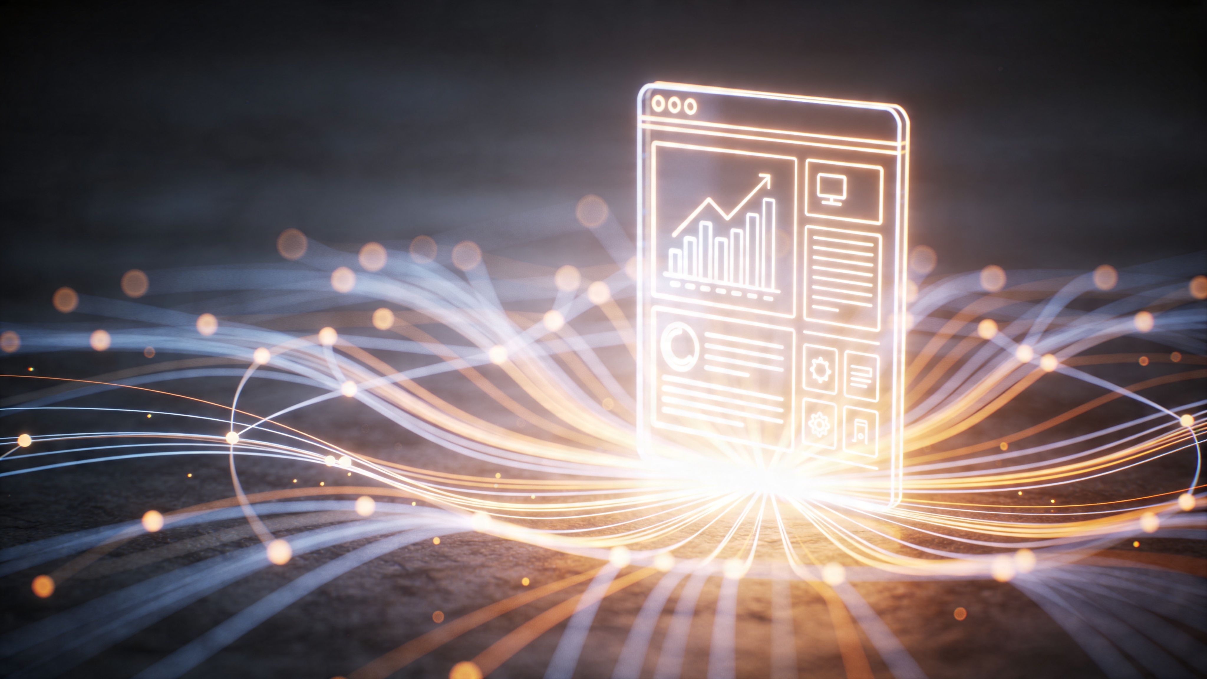 Representación digital de una interfaz de datos analíticos conectada a redes de fibra óptica iluminadas con luz.