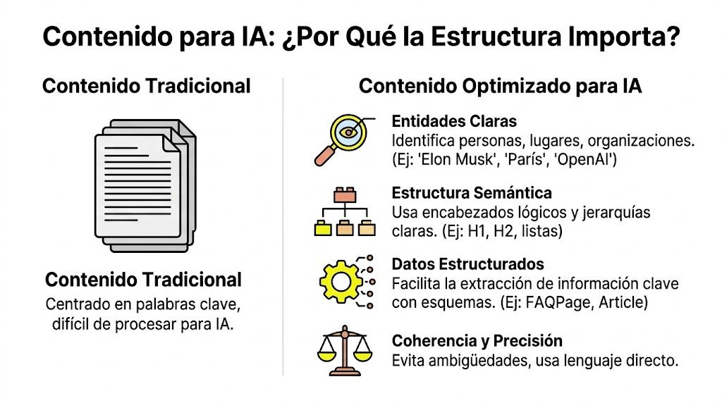 Infografía comparativa entre contenido tradicional y contenido optimizado para la inteligencia artificial y su estructuración.