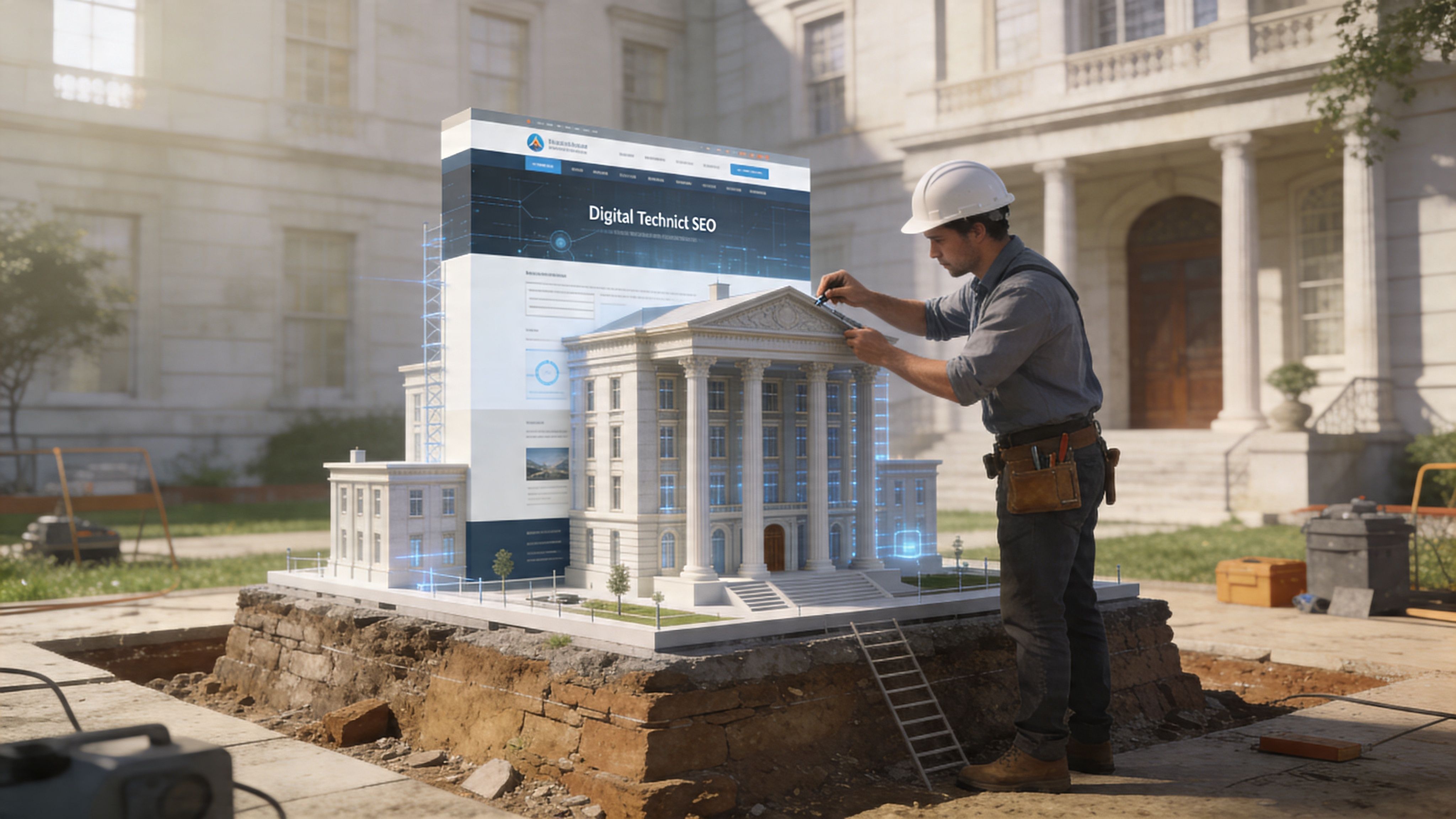 Un ingeniero examina una maqueta arquitectónica detallada que se fusiona con una interfaz de sitio web digital profesional.