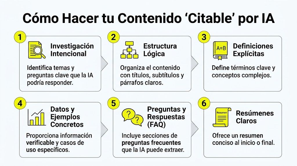 Infografía paso a paso sobre cómo optimizar tu contenido web para que sea fácilmente citado por inteligencias artificiales.