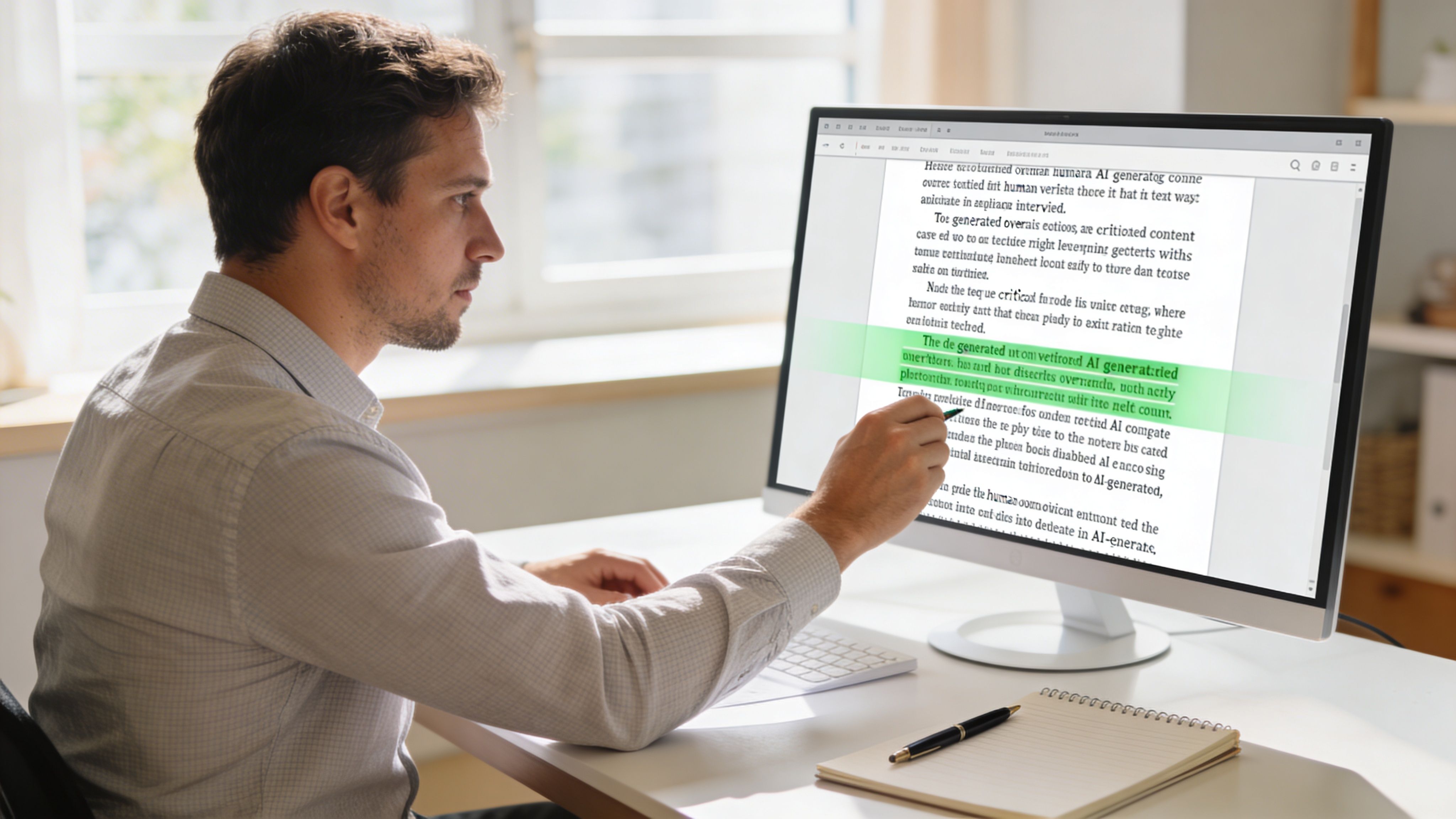 Un hombre revisando un documento generado por inteligencia artificial en su pantalla de ordenador en una oficina.