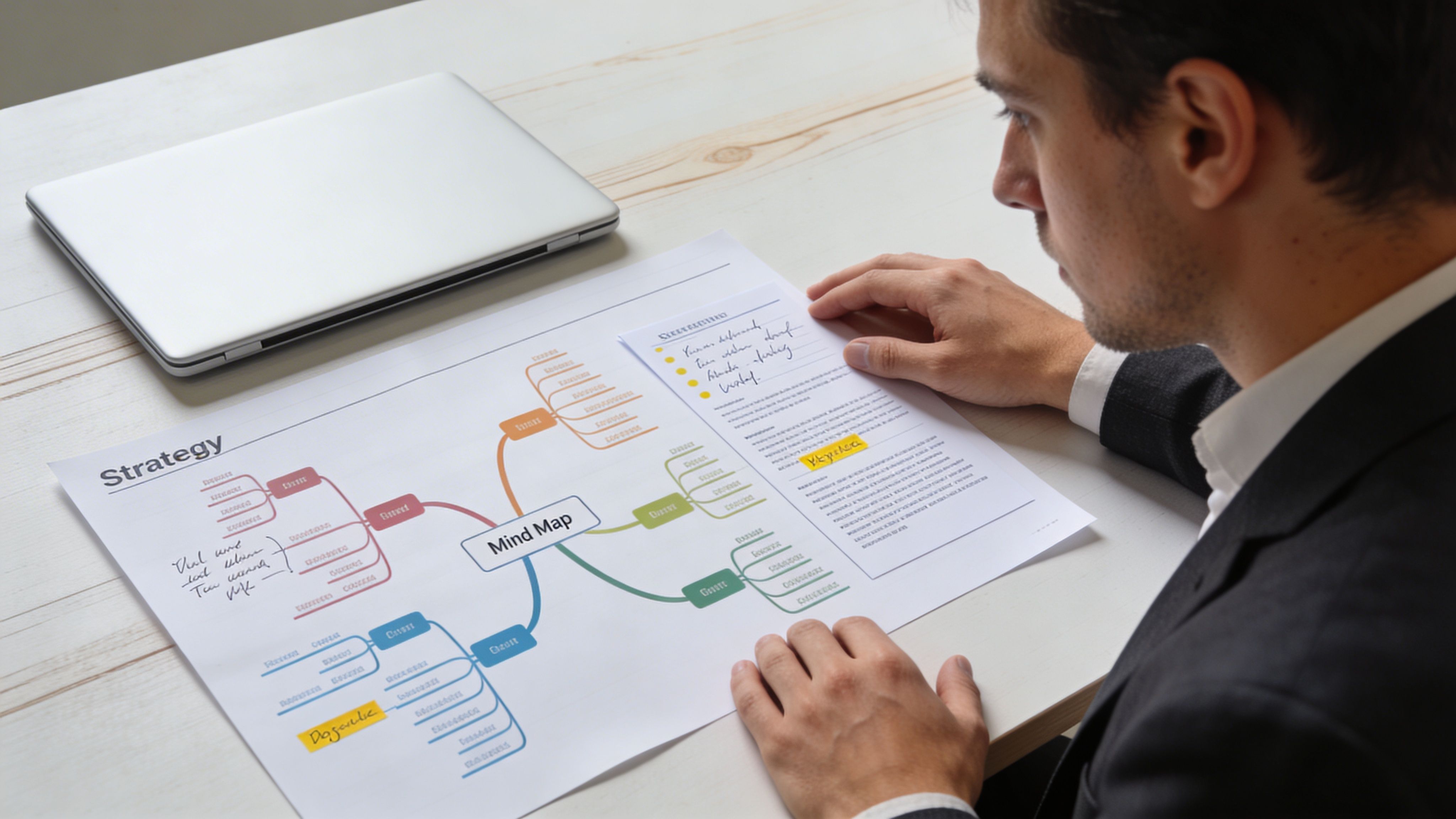 Un hombre de negocios sentado frente a un escritorio analizando un mapa mental impreso para su estrategia empresarial.