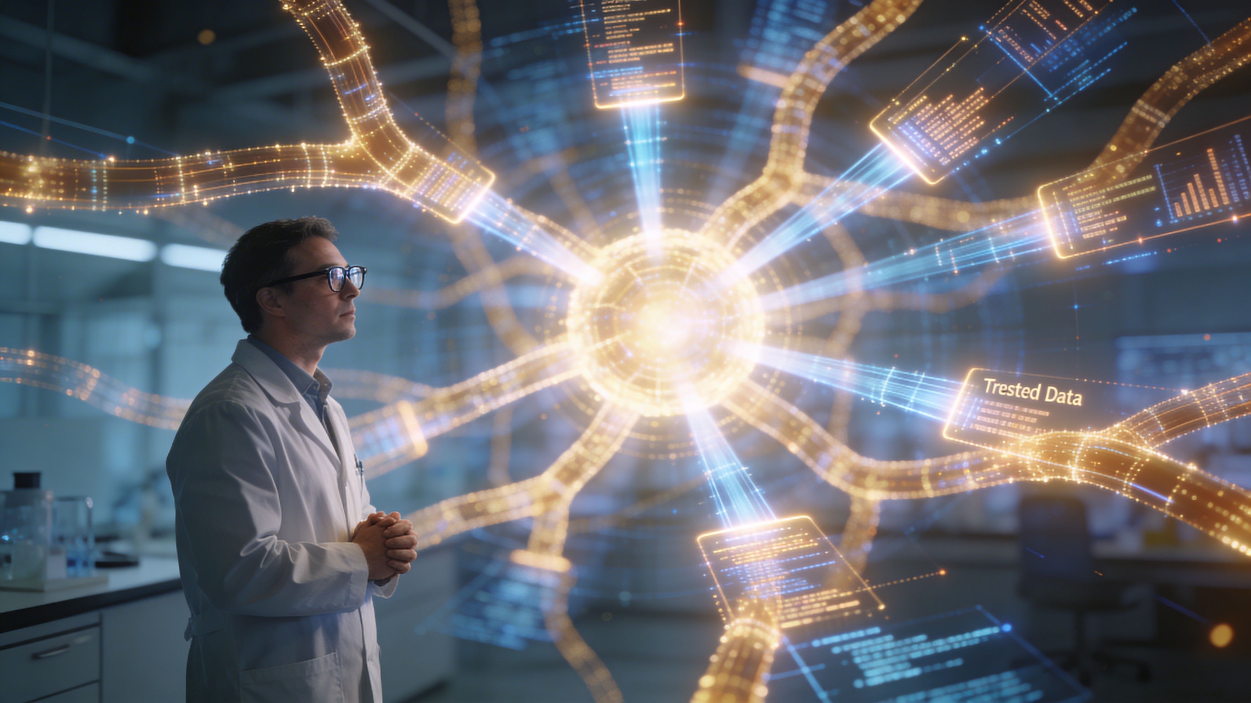 Un científico en un laboratorio observa una compleja visualización de red neuronal con datos digitales brillantes.