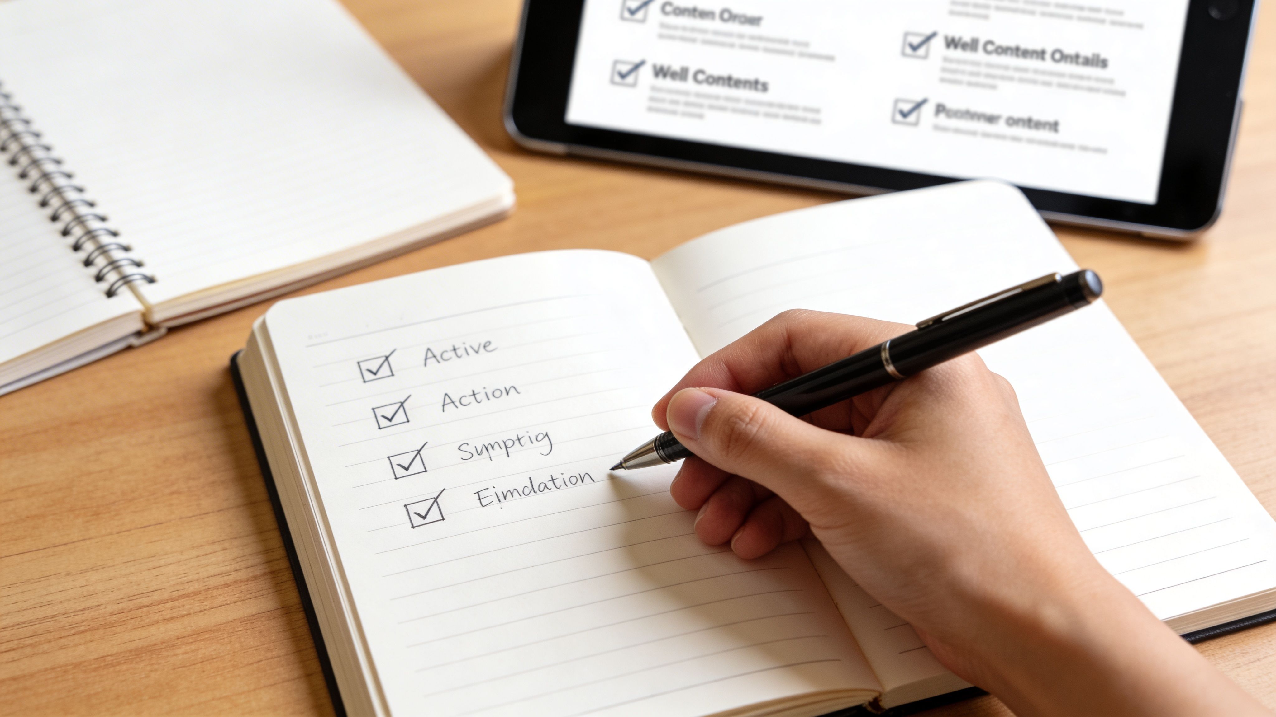 Una mano escribe en un cuaderno una lista de tareas completadas con una pluma sobre una mesa.