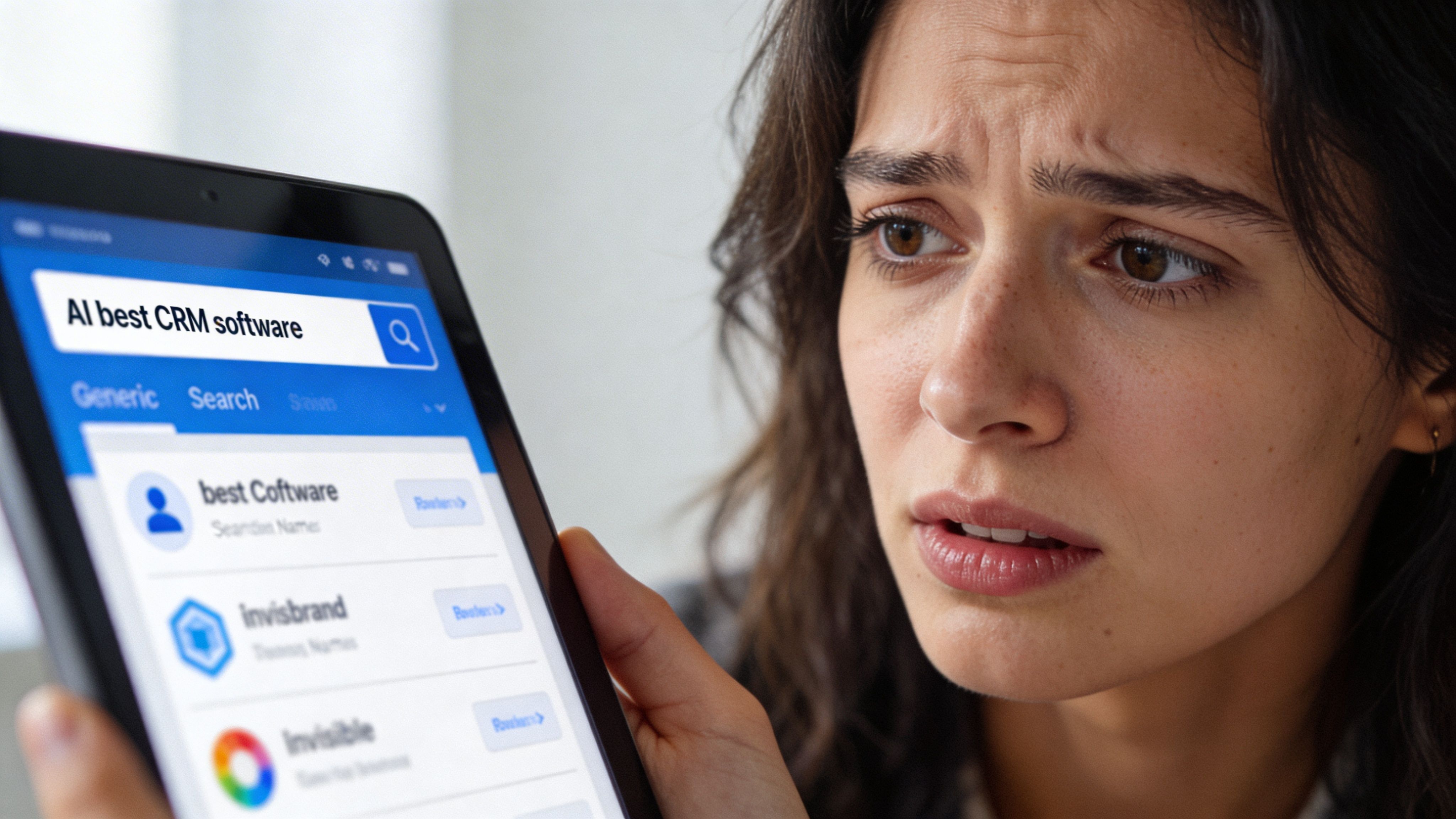Una mujer preocupada mira los resultados de búsqueda de software CRM con IA en su tableta digital.