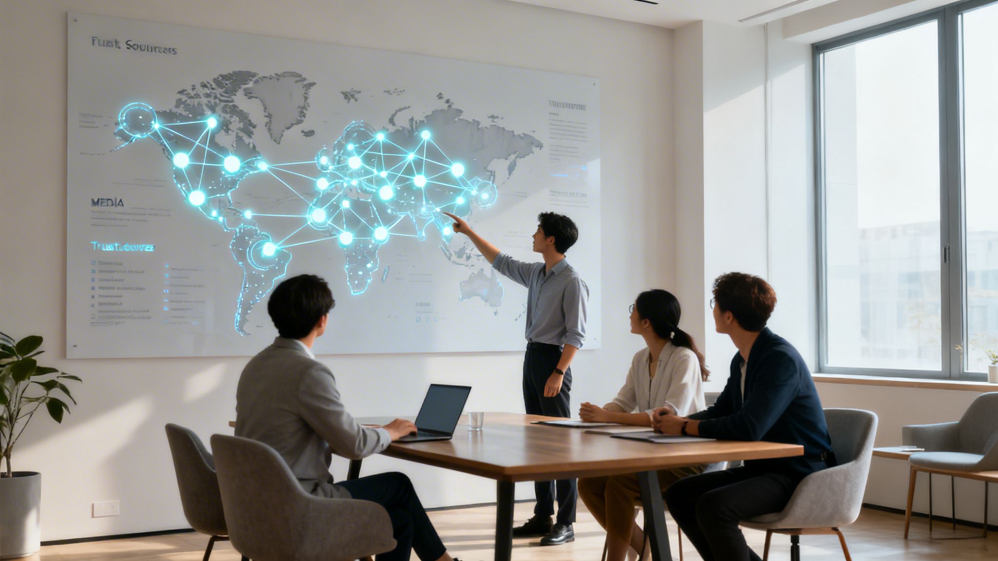 Reunión de negocios con un presentador señalando un mapa mundial digital con una red de puntos luminosos a sus colegas.