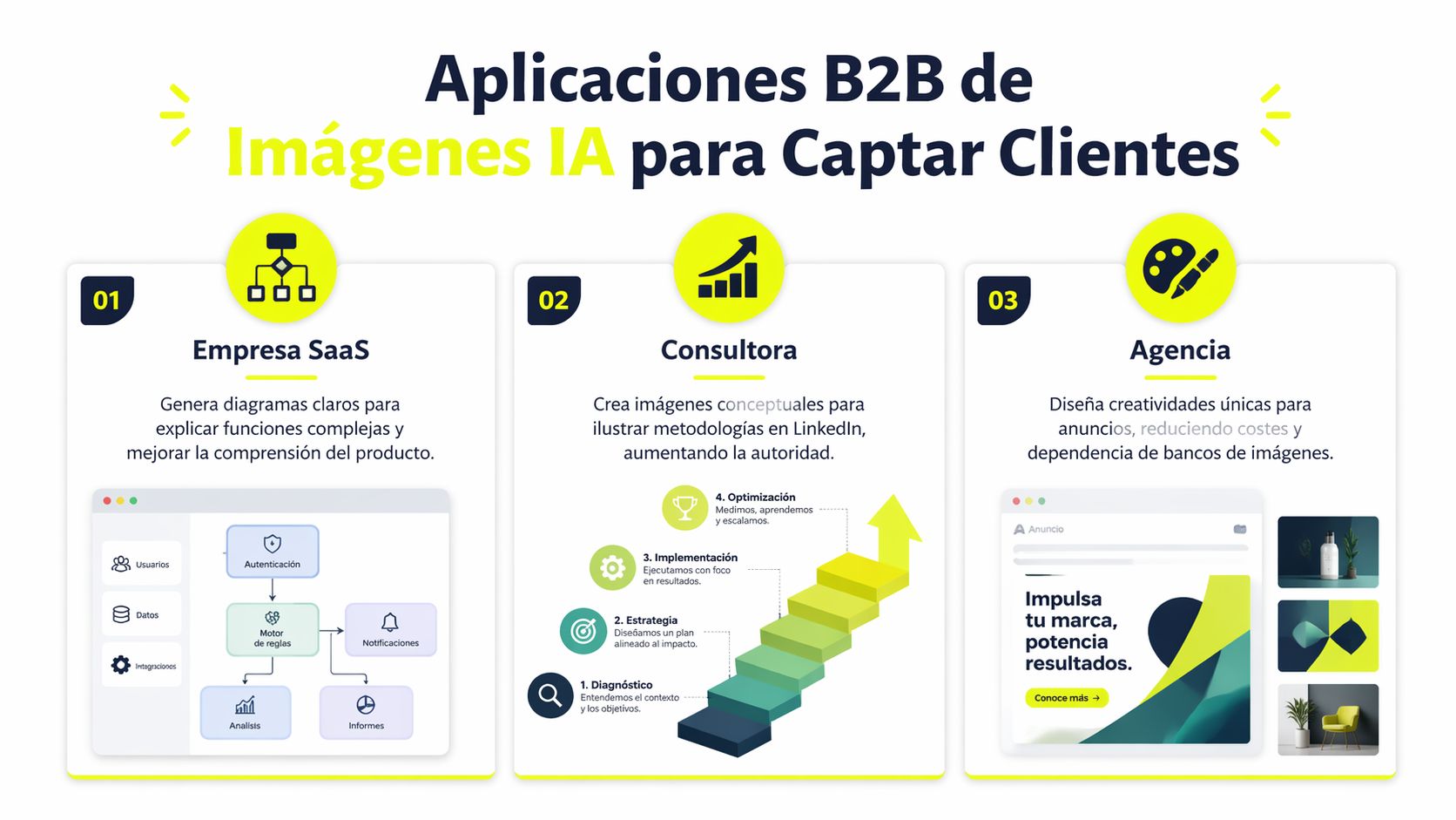Infografía sobre aplicaciones de imágenes creadas con IA para mejorar la captación de clientes B2B empresarial.