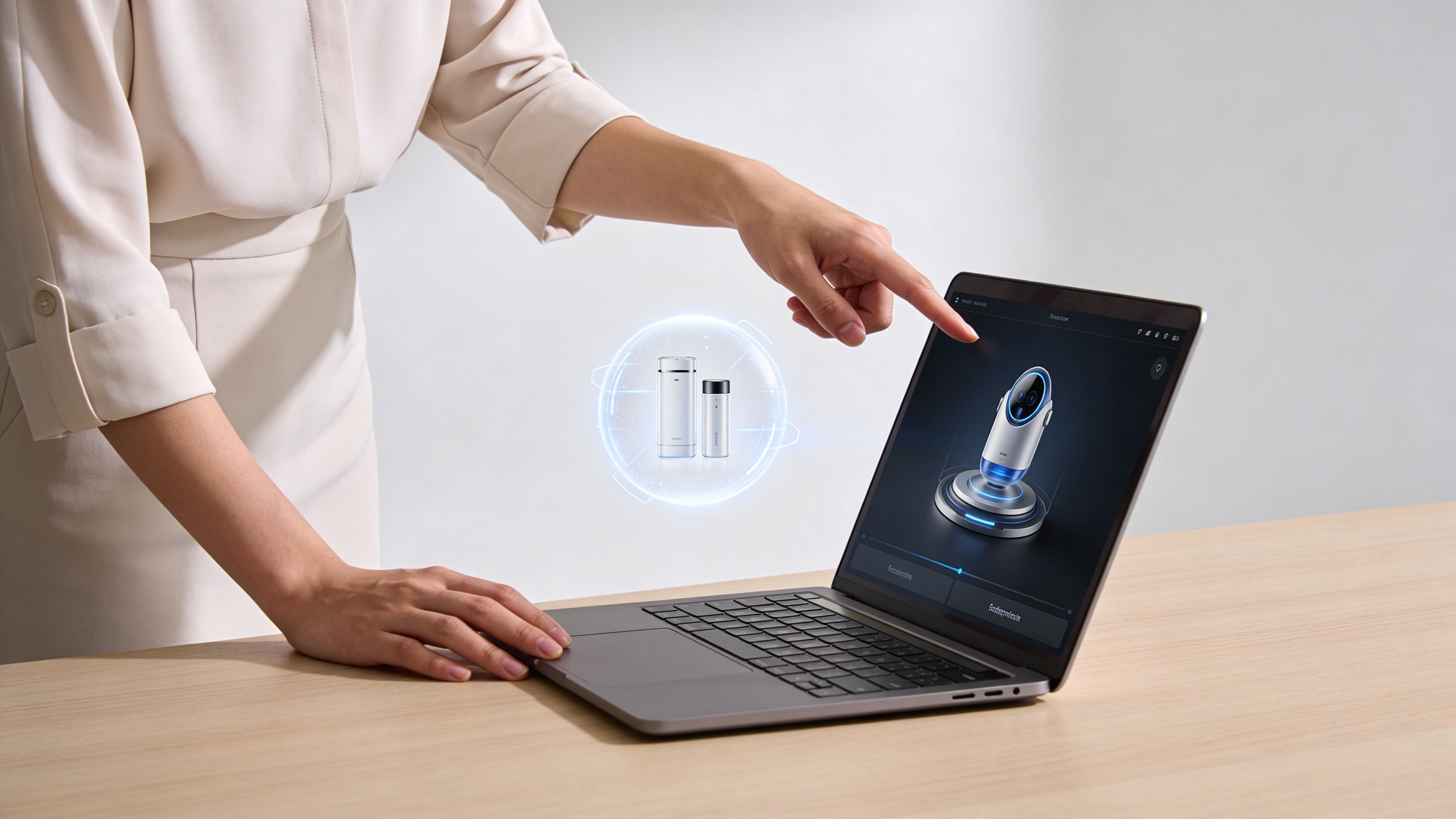 Una persona interactuando con una interfaz digital holográfica que muestra dispositivos tecnológicos sobre una computadora portátil abierta.